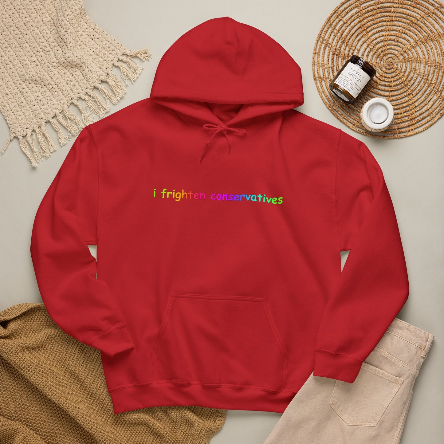 Hoodie — "I Frighten Conservatives" Rainbow Text Pullover