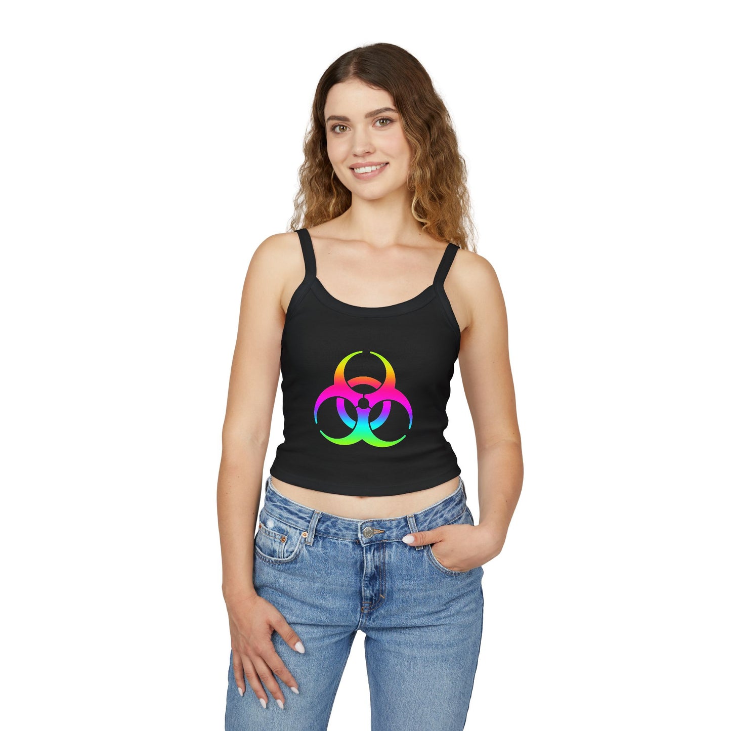 Rainbow Biohazard Crop Tank Top – Neon Hazard Symbol Spaghetti Strap
