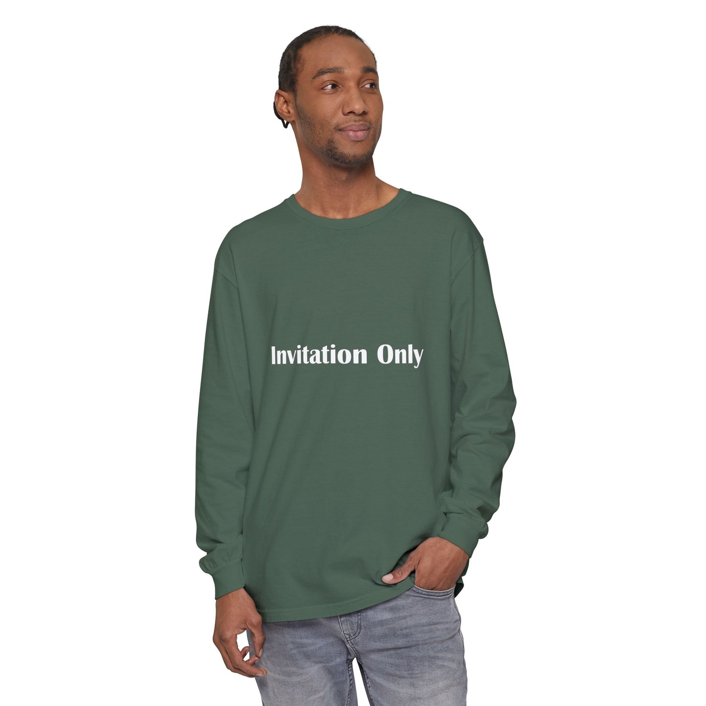 Invitation Only Long Sleeve Tee — Minimal Pink Text Graphic