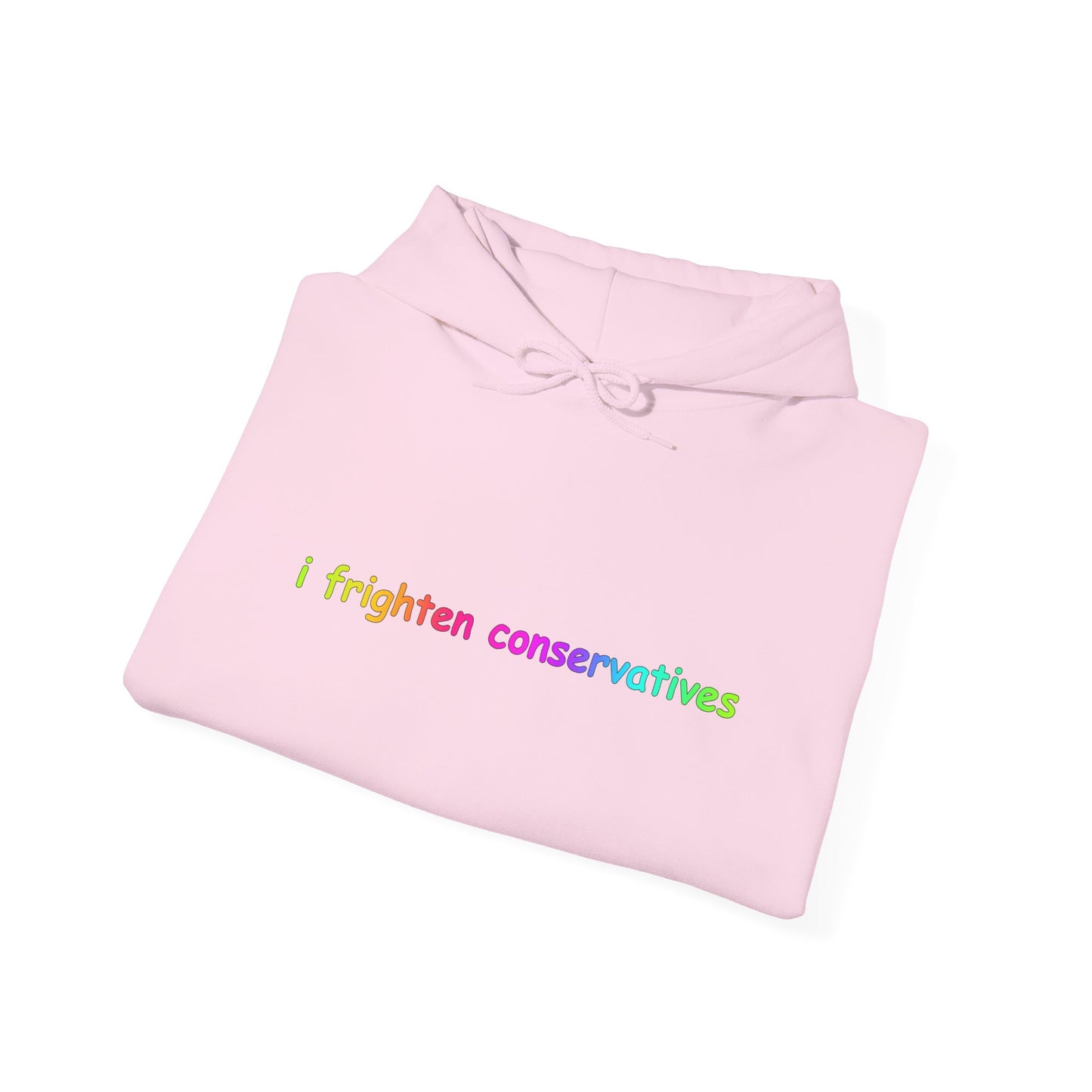 Hoodie — "I Frighten Conservatives" Rainbow Text Pullover