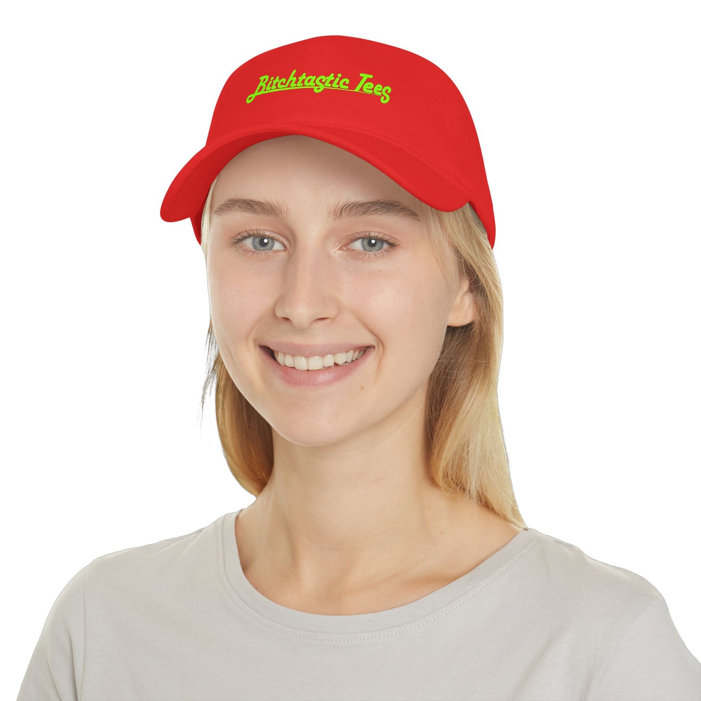 Printed "Bitchtastic Tees" Low Profile Baseball Cap — Retro Script Logo Hat