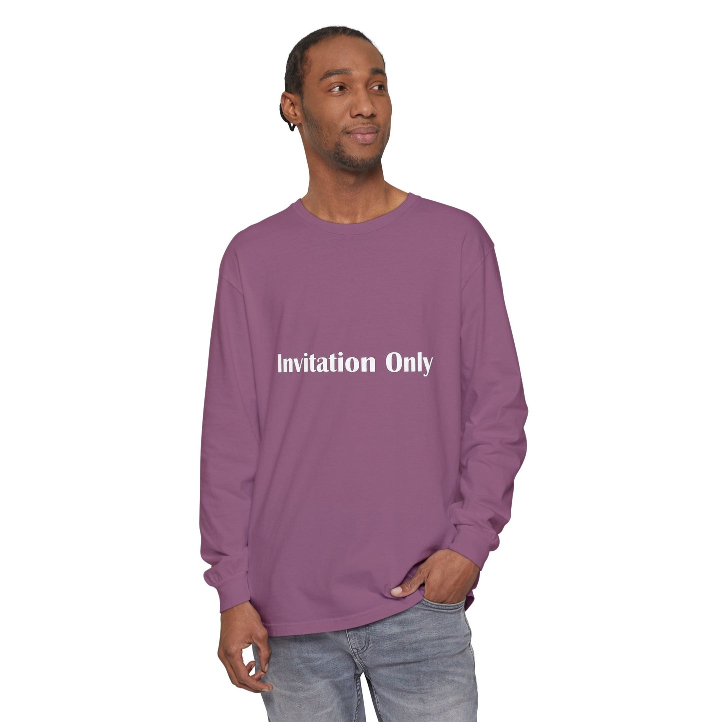 Invitation Only Long Sleeve Tee — Minimal Pink Text Graphic