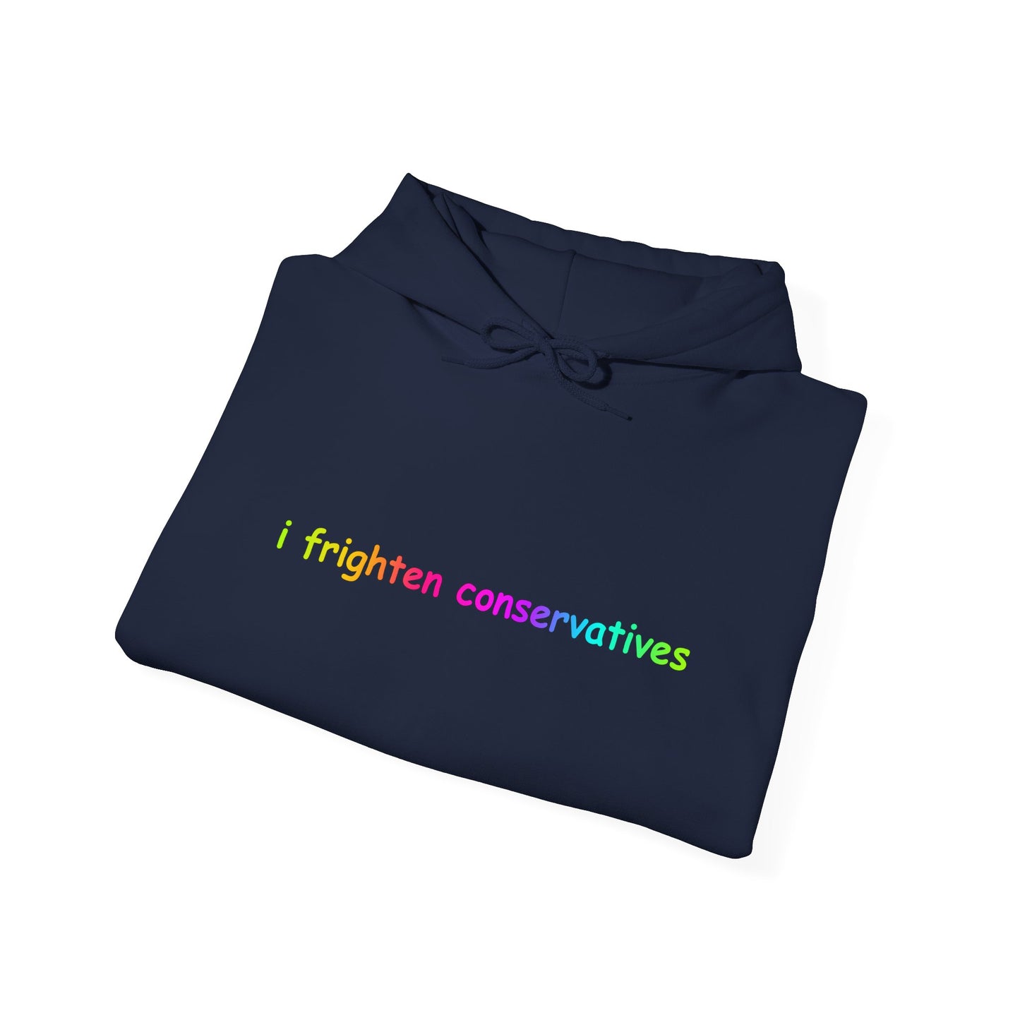Hoodie — "I Frighten Conservatives" Rainbow Text Pullover