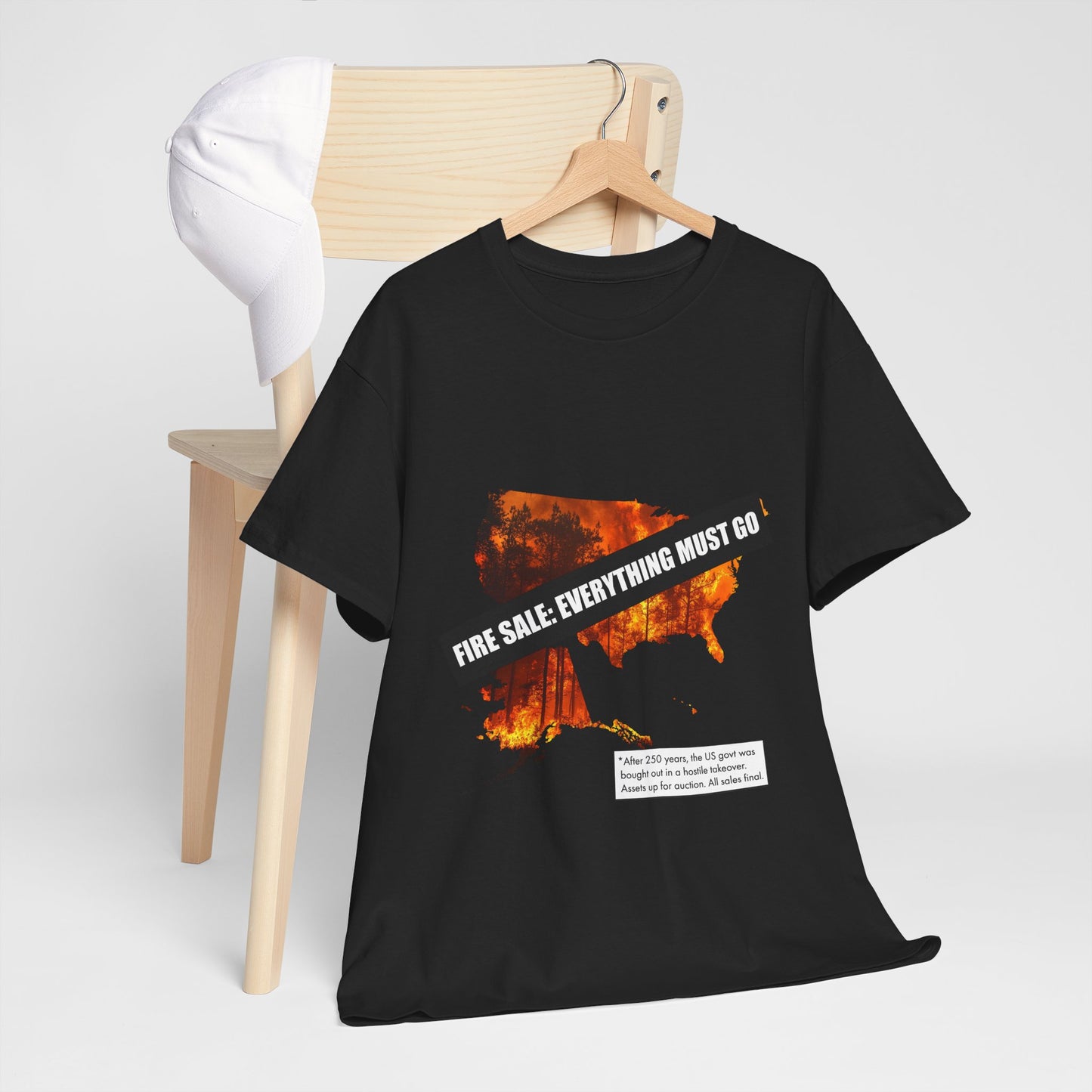 250th anniversary T-Shirt — USA on Fire Graphic Tee with “Fire Sale: Everything Must Go” Text