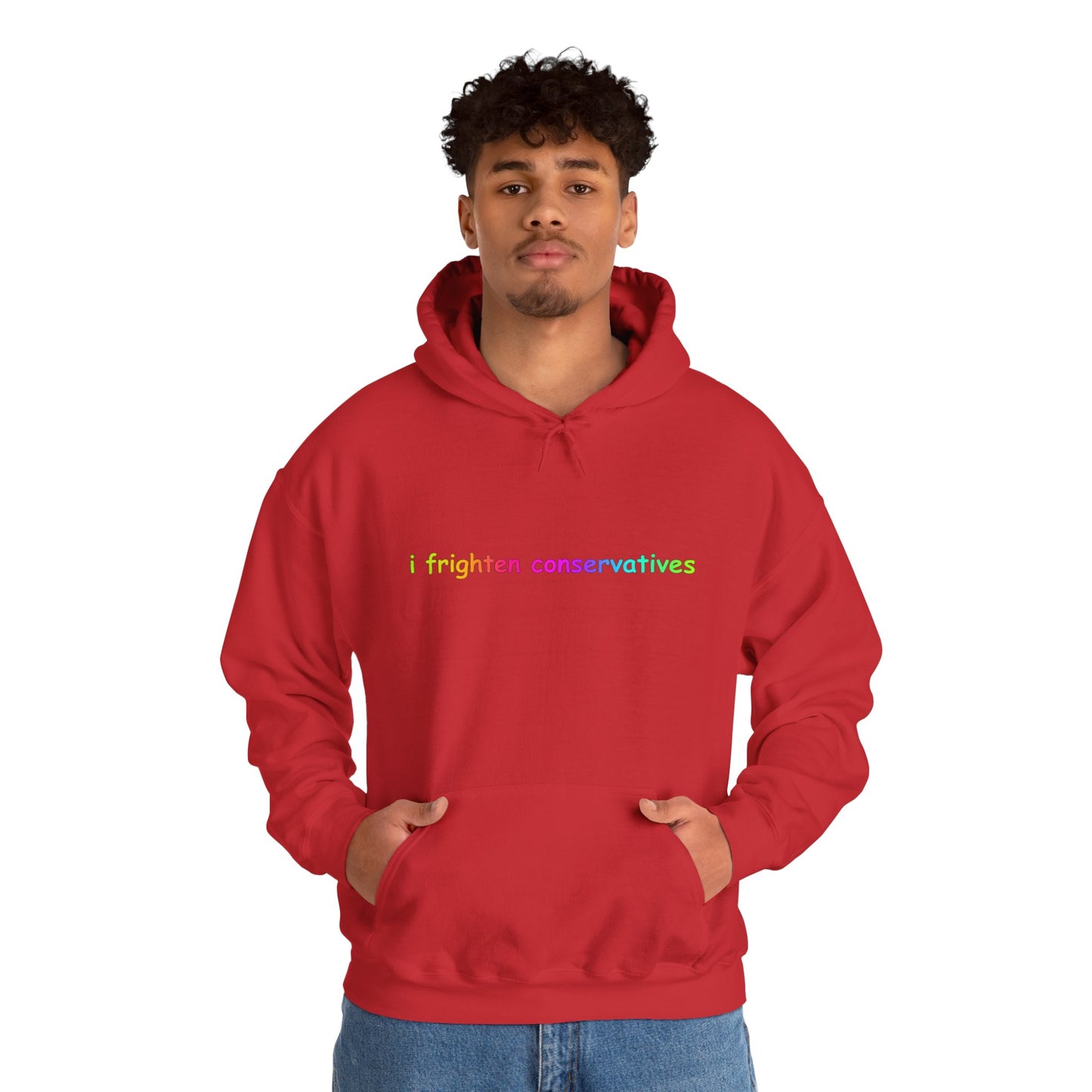 Hoodie — "I Frighten Conservatives" Rainbow Text Pullover
