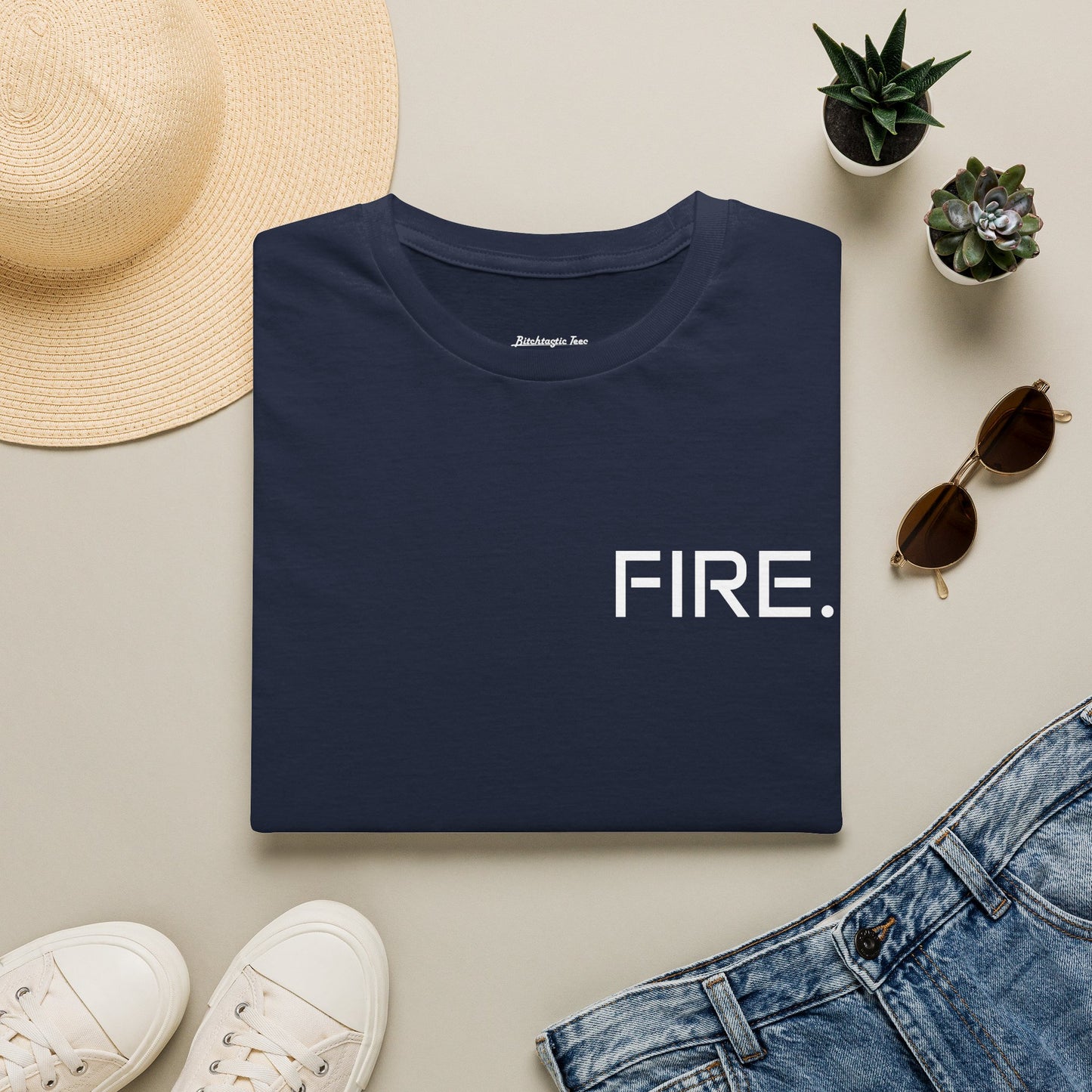 FIRE. Minimal Graphic T‑Shirt — Modern Casual Tee with Bold Text