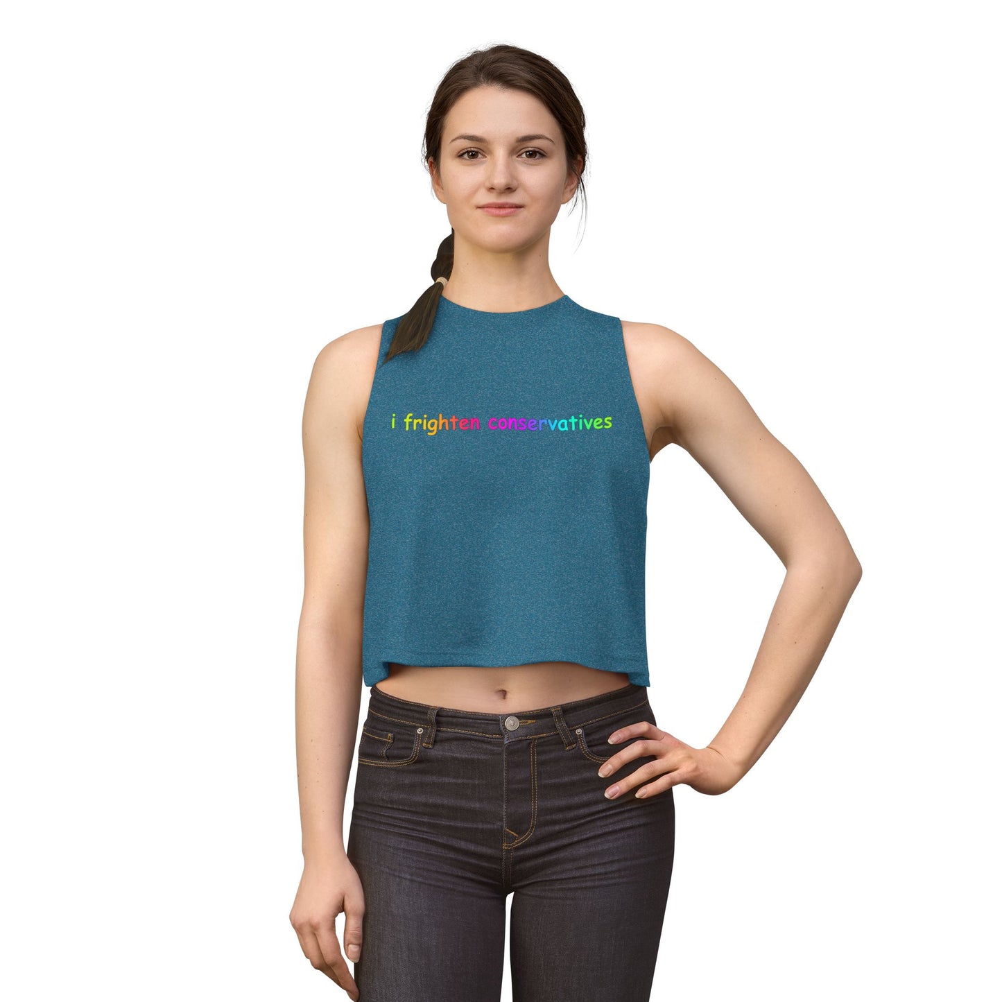 Crop Top — "I Frighten Conservatives" Rainbow Feminist Graphic