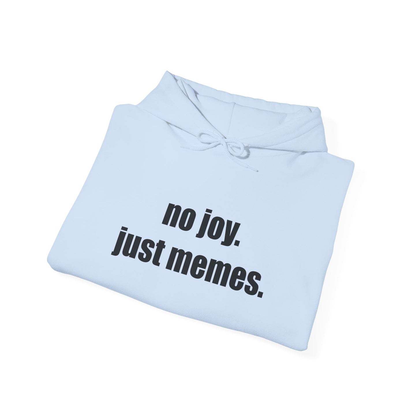 Hoodie — "no joy. just memes." Minimal Meme Text Pullover