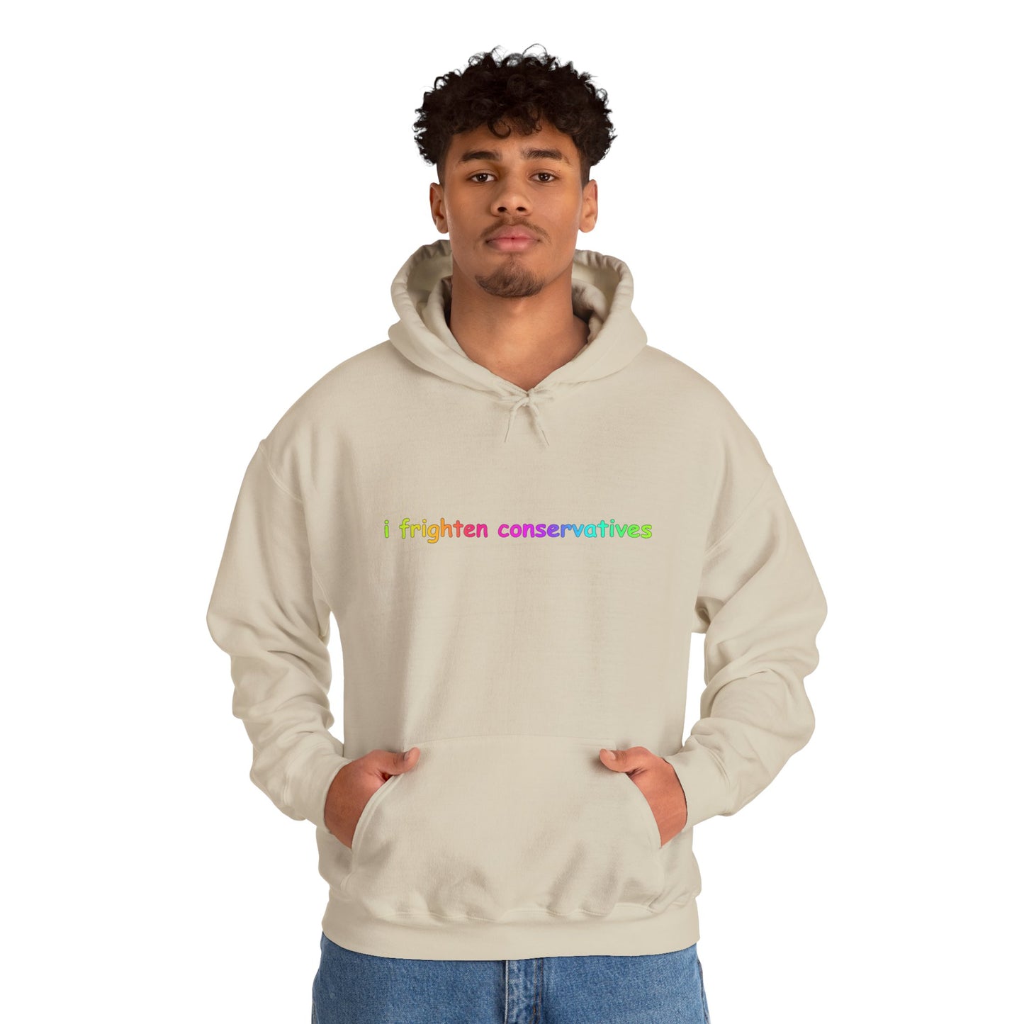 Hoodie — "I Frighten Conservatives" Rainbow Text Pullover