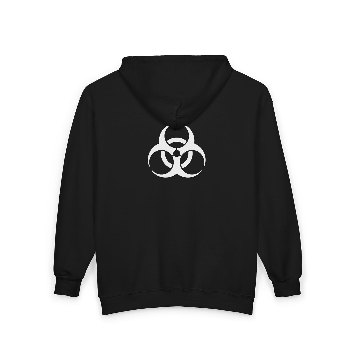 Fire. Zip Hoodie with Biohazard Back Graphic — Edgy Streetwear Zip-Up