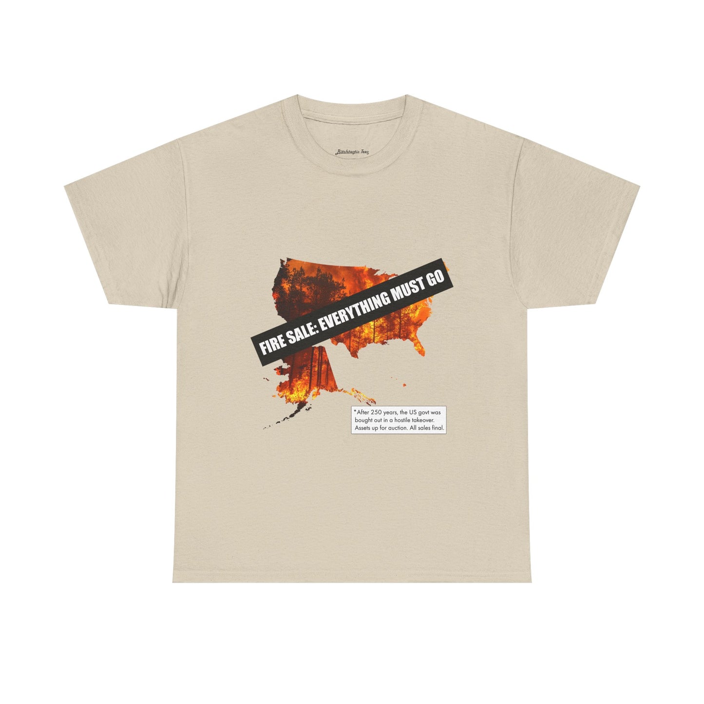 250th anniversary T-Shirt — USA on Fire Graphic Tee with “Fire Sale: Everything Must Go” Text