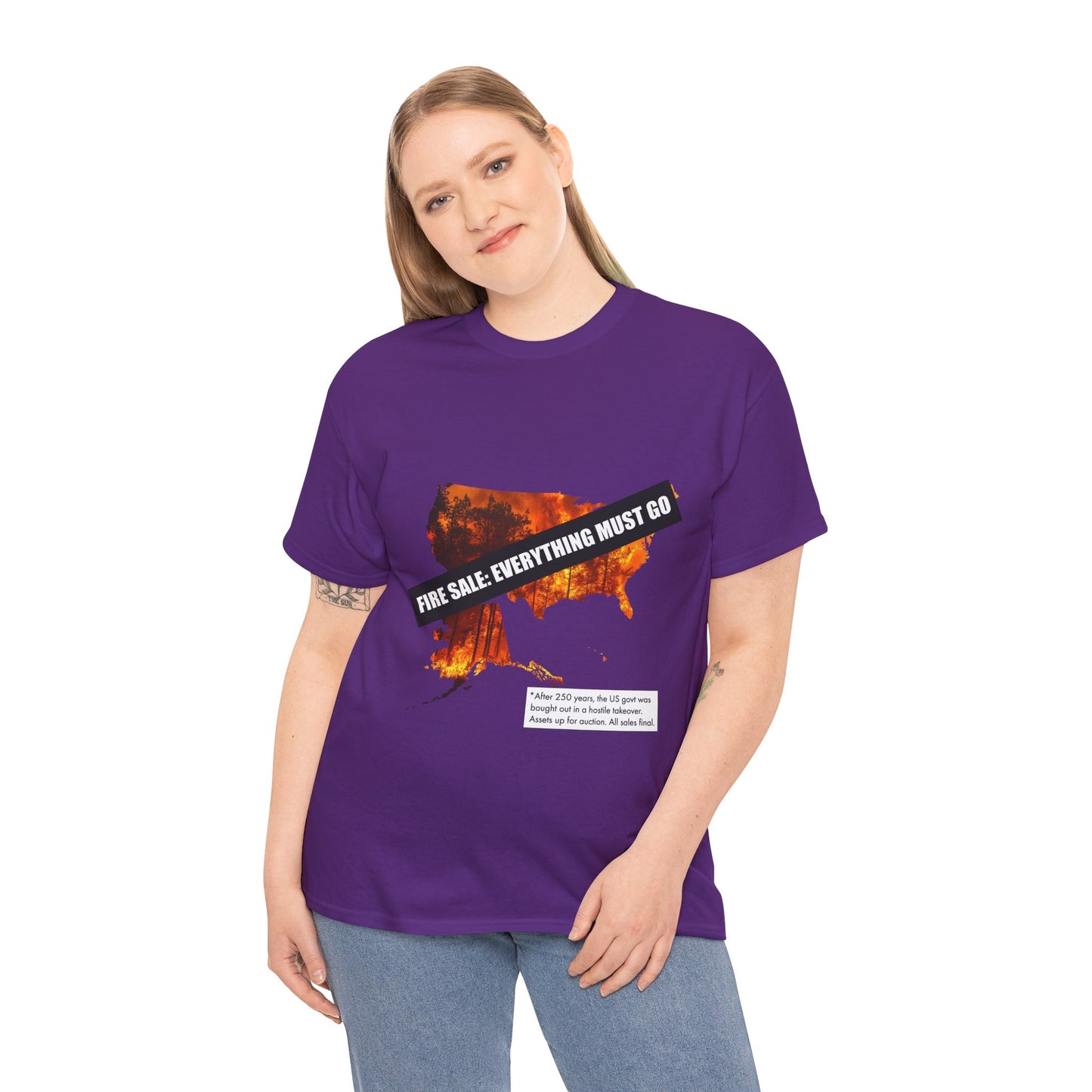 250th anniversary T-Shirt — USA on Fire Graphic Tee with “Fire Sale: Everything Must Go” Text