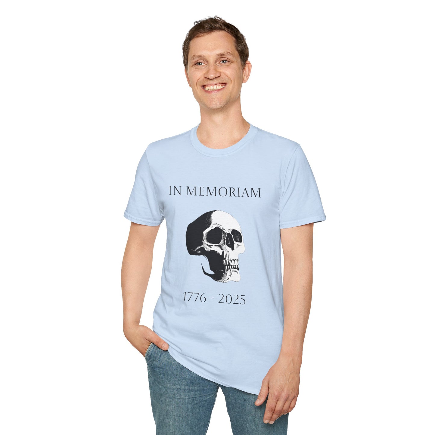 In Memoriam Skull Graphic T-Shirt, Unisex Casual Tee in Remembrance for the Death of Liberty