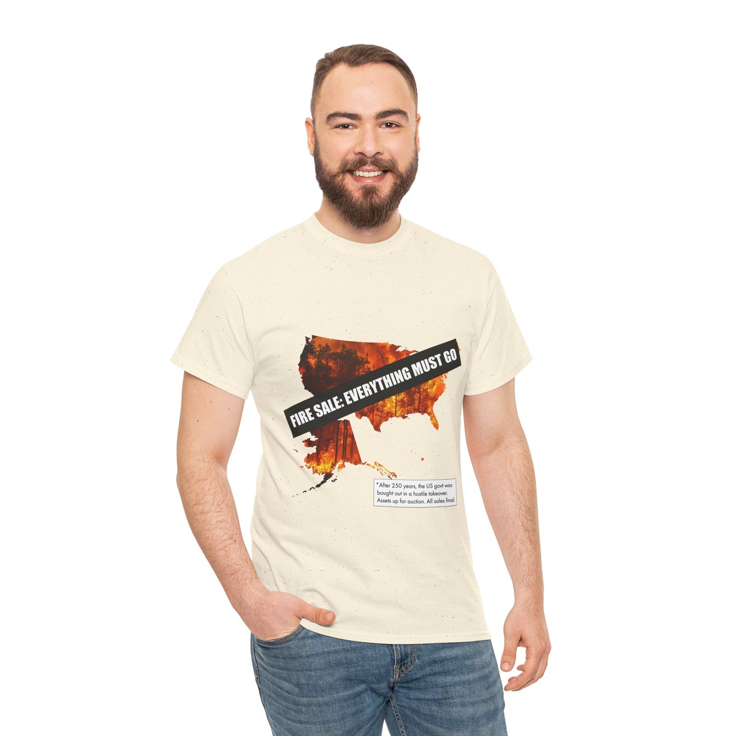 250th anniversary T-Shirt — USA on Fire Graphic Tee with “Fire Sale: Everything Must Go” Text