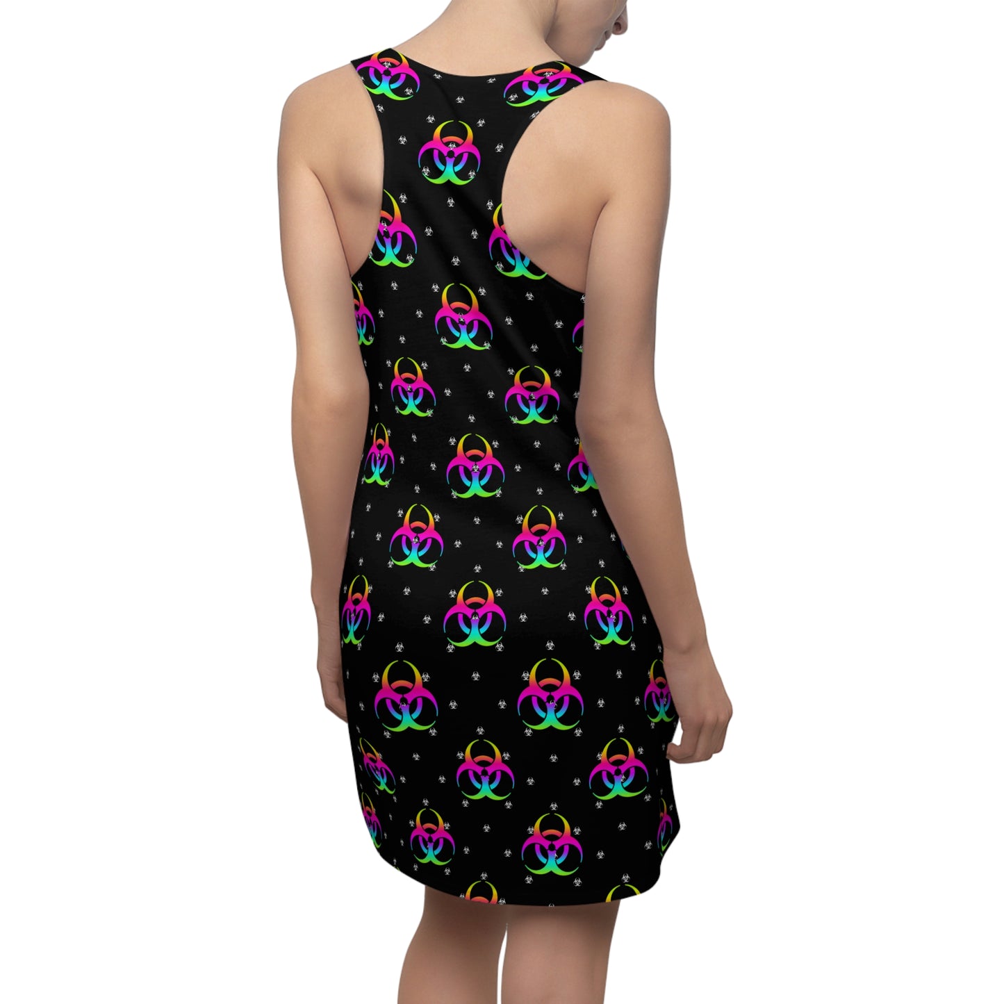 Neon Biohazard Racerback Dress — Black All-Over Print Clubwear