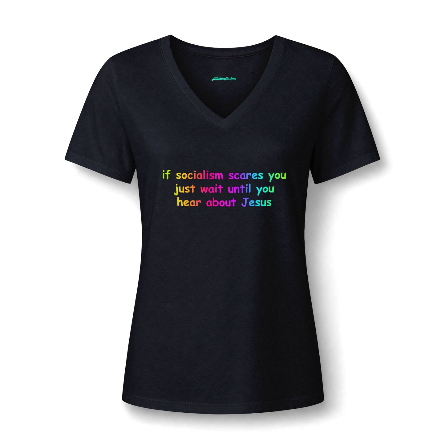 Women's V-Neck Tee — Socialist Jesus Ironic Graphic Shirt