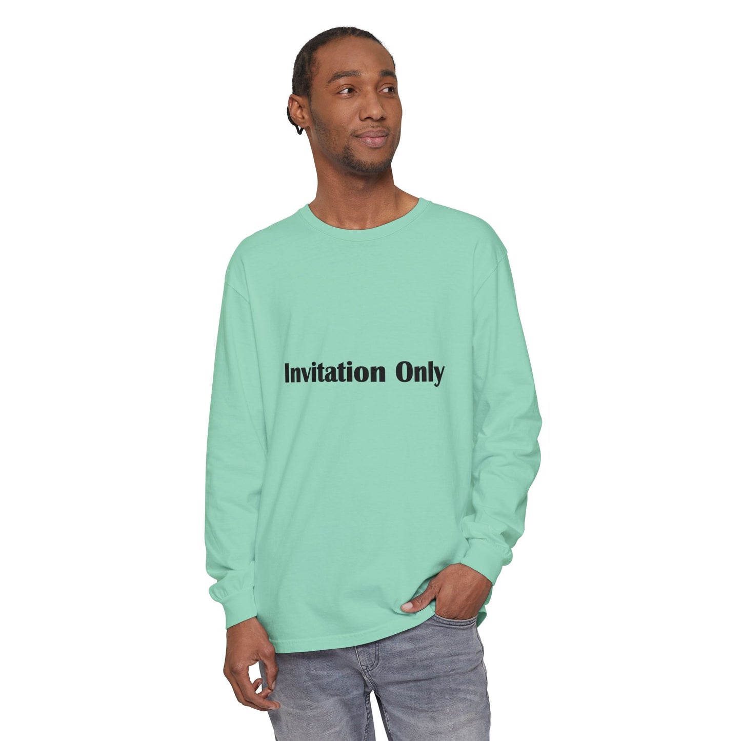 Invitation Only Long Sleeve Tee — Minimal Pink Text Graphic