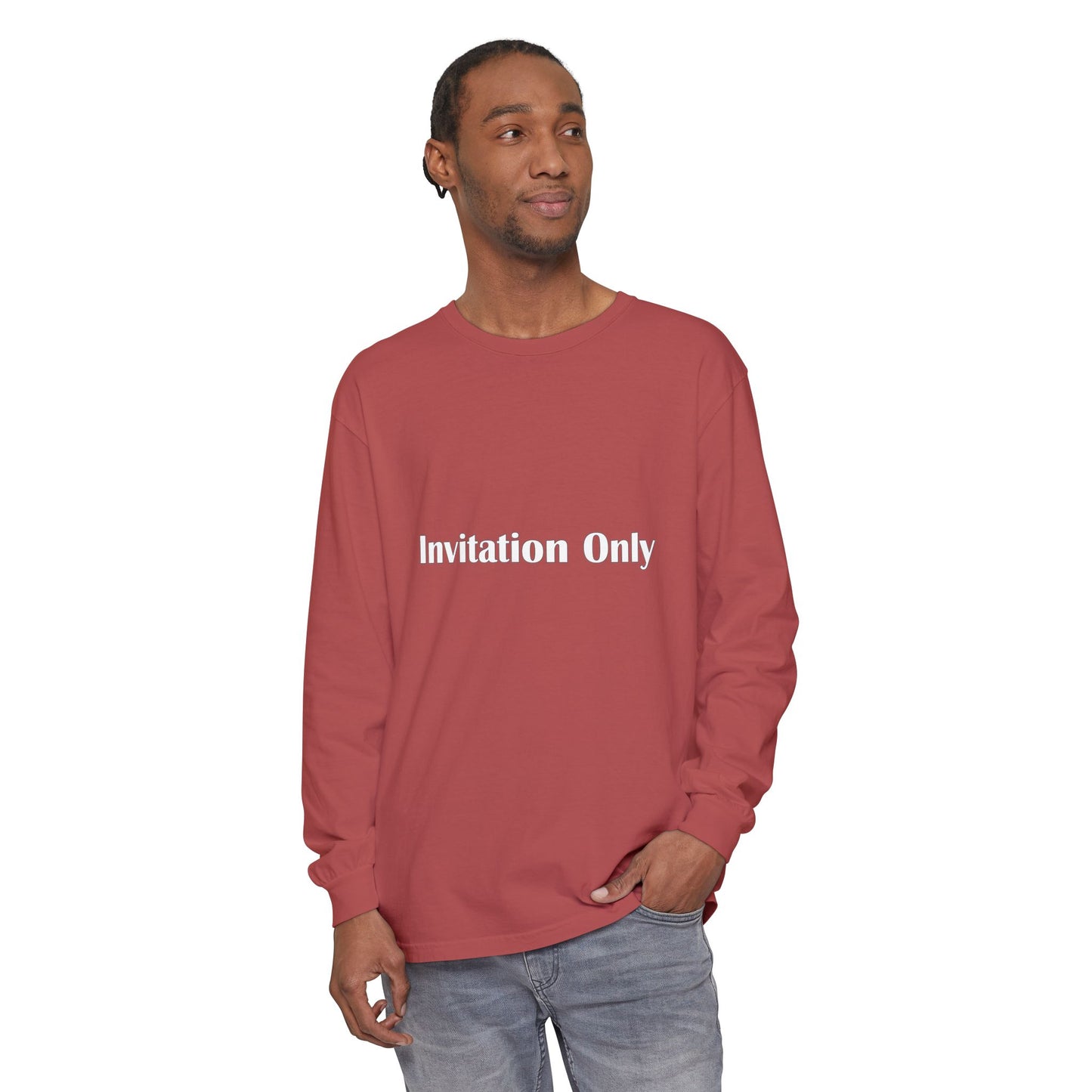 Invitation Only Long Sleeve Tee — Minimal Pink Text Graphic