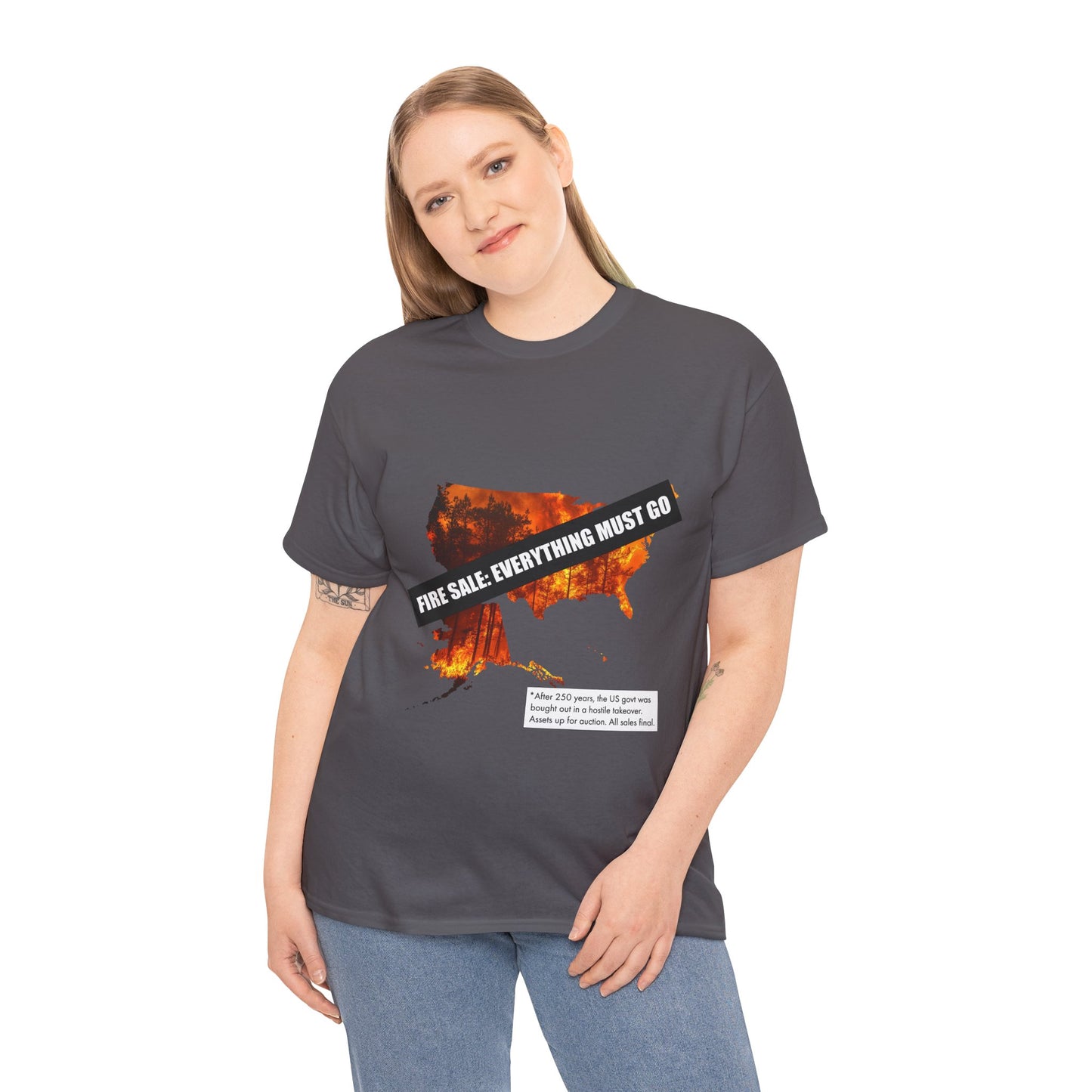 250th anniversary T-Shirt — USA on Fire Graphic Tee with “Fire Sale: Everything Must Go” Text