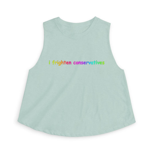 Crop Top — "I Frighten Conservatives" Rainbow Feminist Graphic