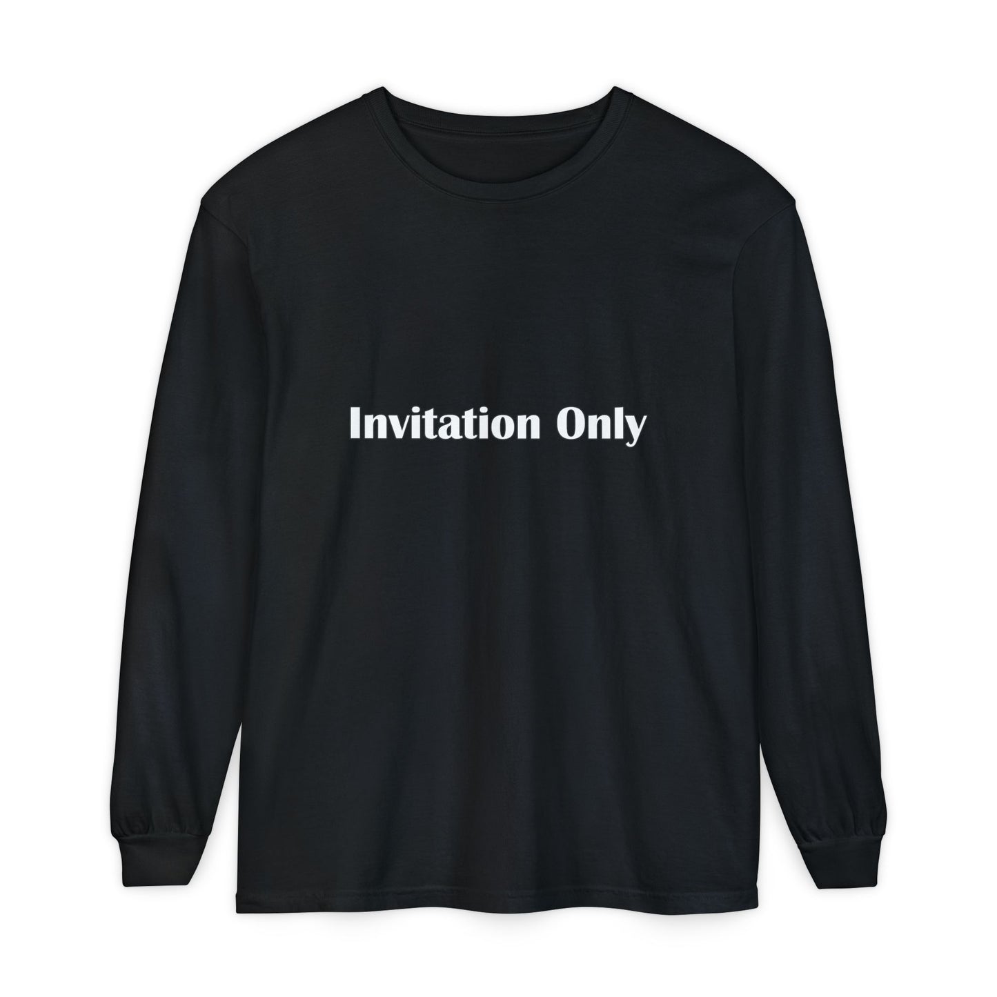 Invitation Only Long Sleeve Tee — Minimal Pink Text Graphic