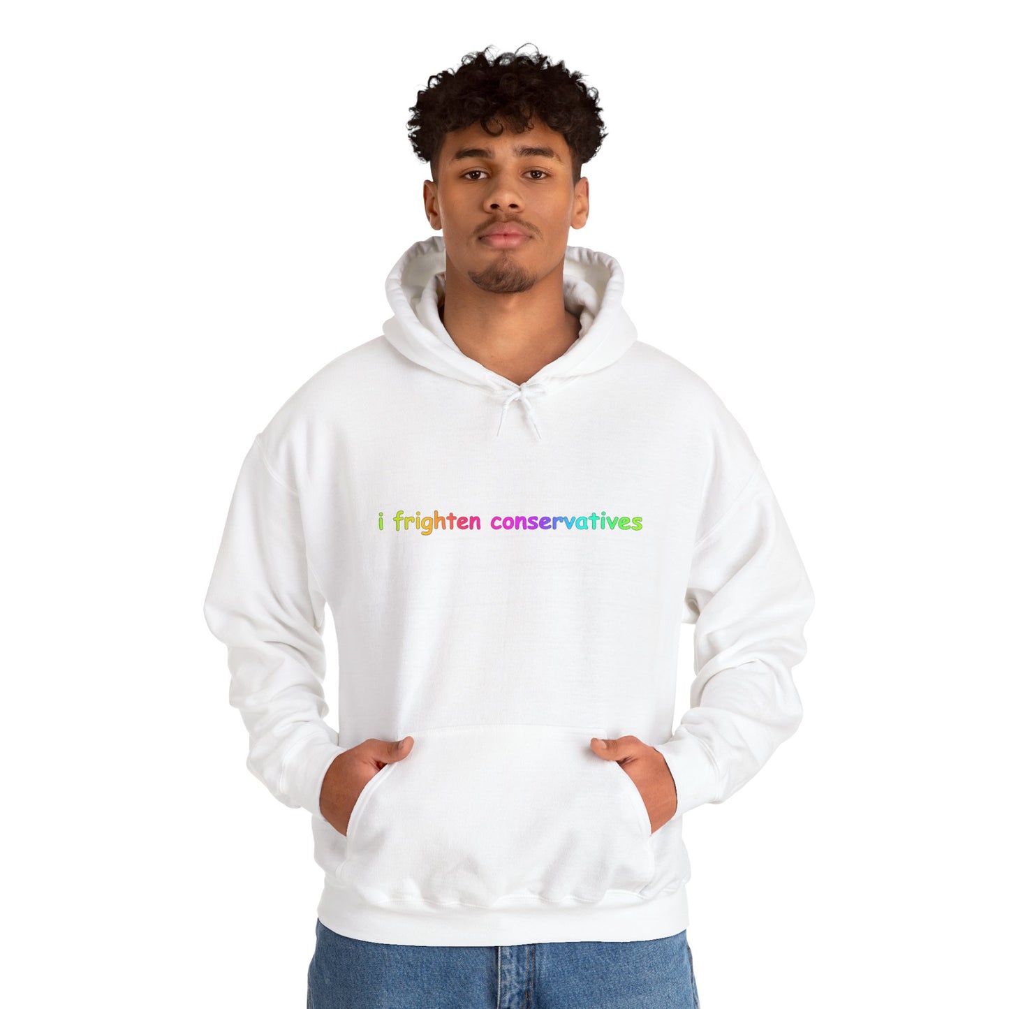 Hoodie — "I Frighten Conservatives" Rainbow Text Pullover