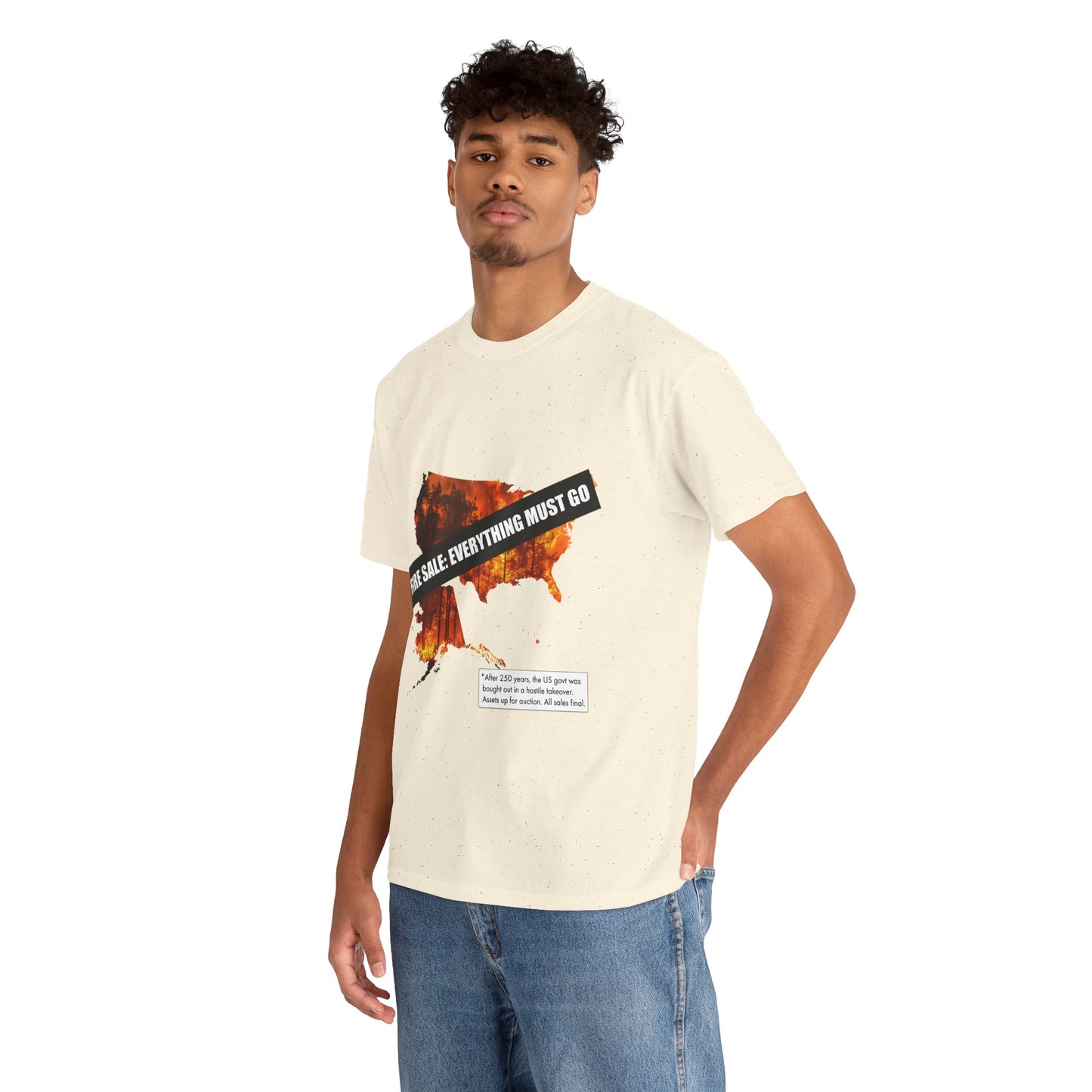 250th anniversary T-Shirt — USA on Fire Graphic Tee with “Fire Sale: Everything Must Go” Text