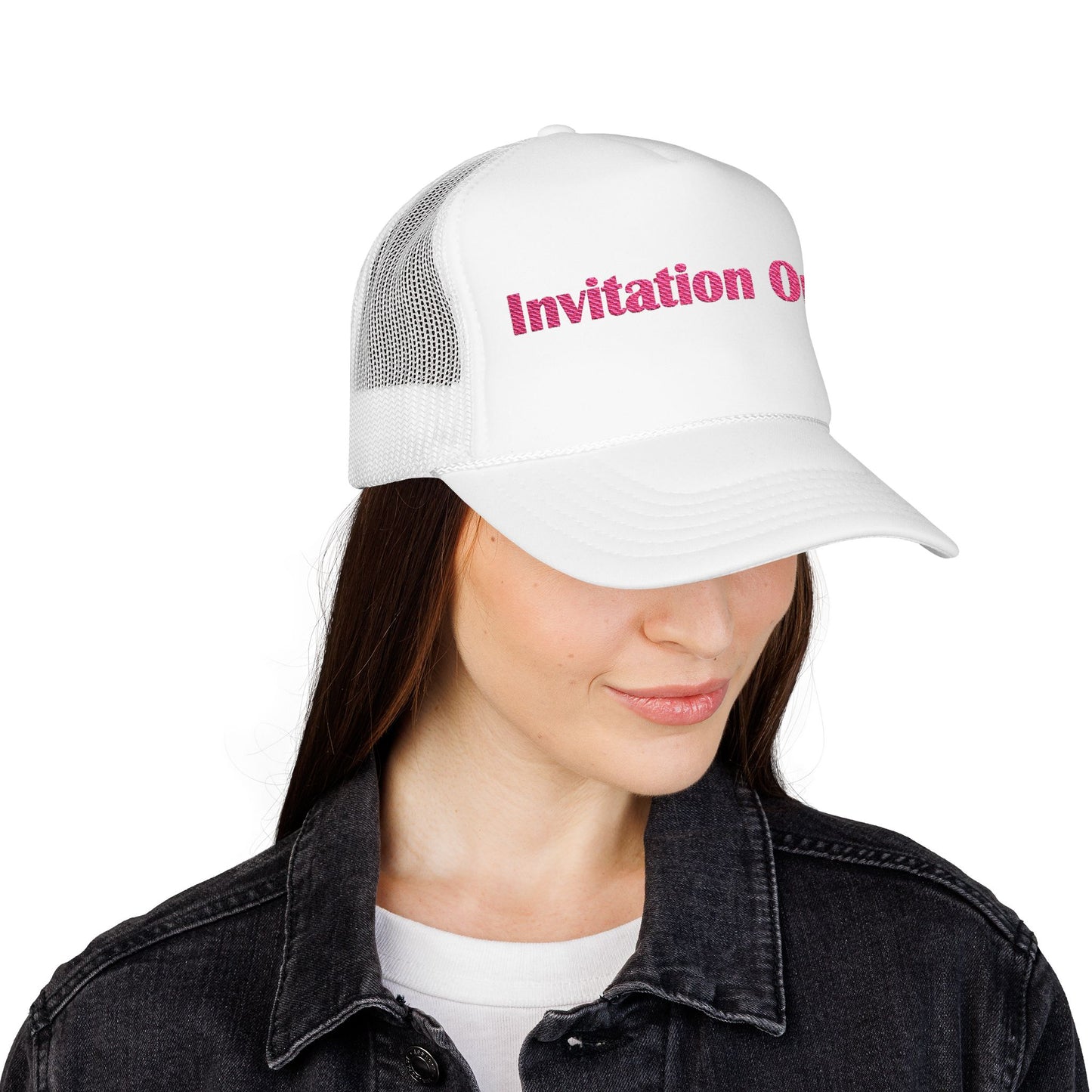 Invitation Only Trucker Hat — Pink Text Foam Cap