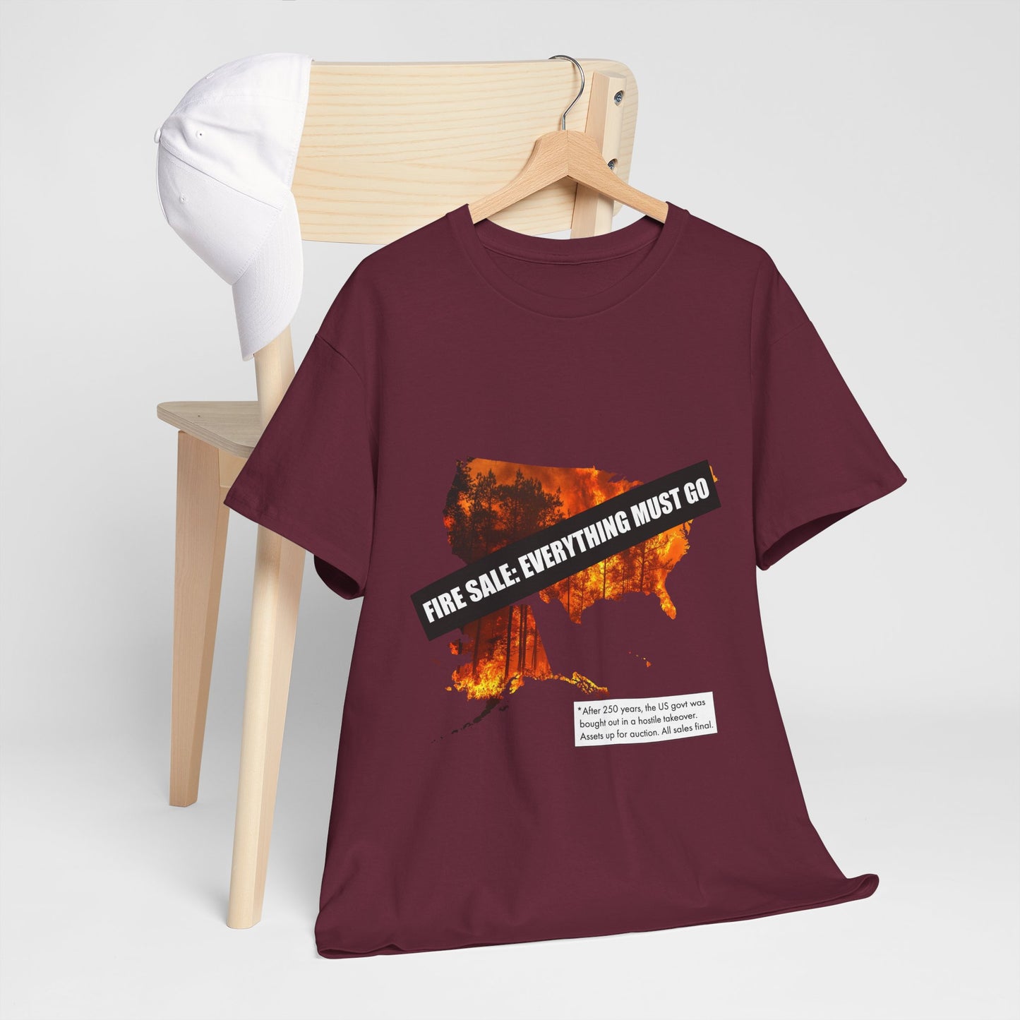 250th anniversary T-Shirt — USA on Fire Graphic Tee with “Fire Sale: Everything Must Go” Text