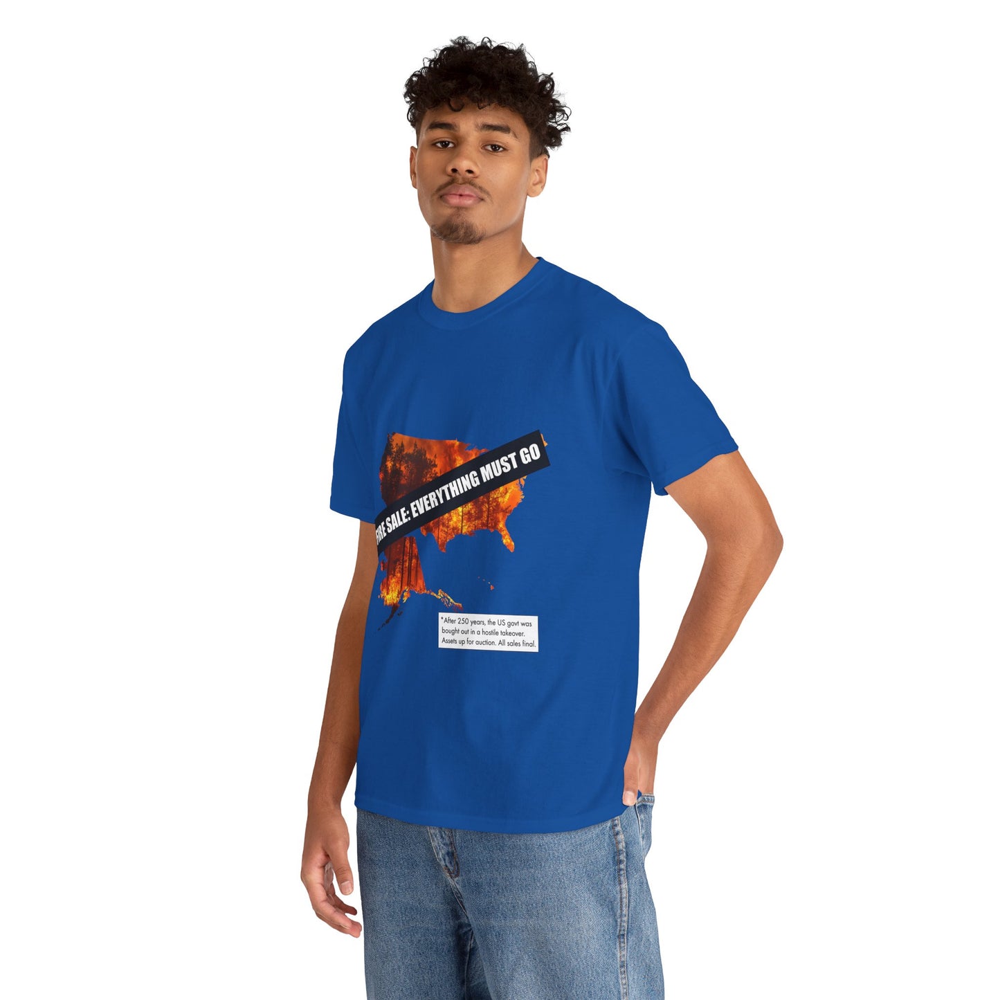 250th anniversary T-Shirt — USA on Fire Graphic Tee with “Fire Sale: Everything Must Go” Text