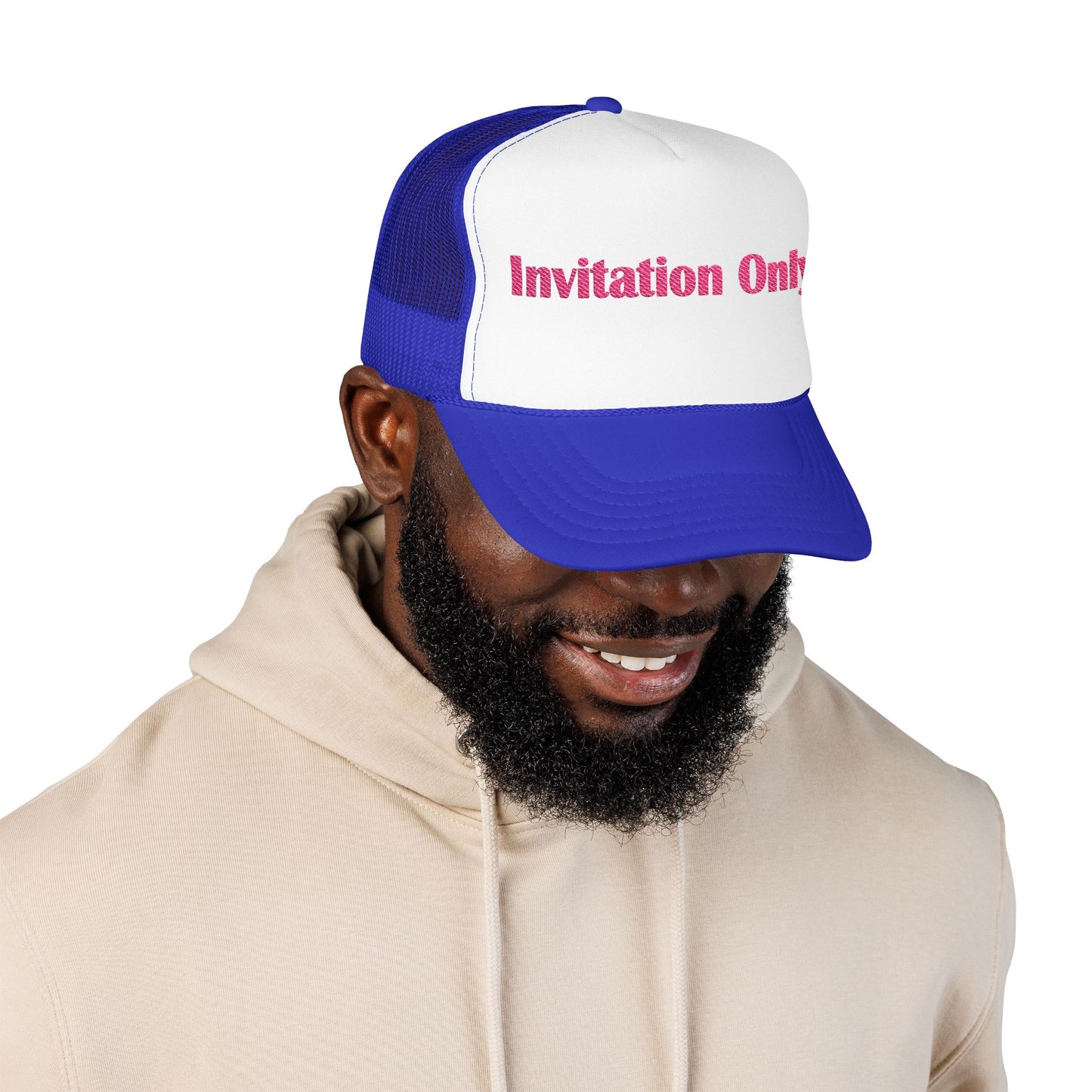 Invitation Only Trucker Hat — Pink Text Foam Cap