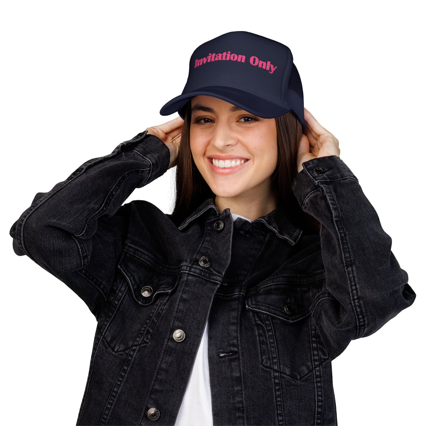Invitation Only Trucker Hat — Pink Text Foam Cap