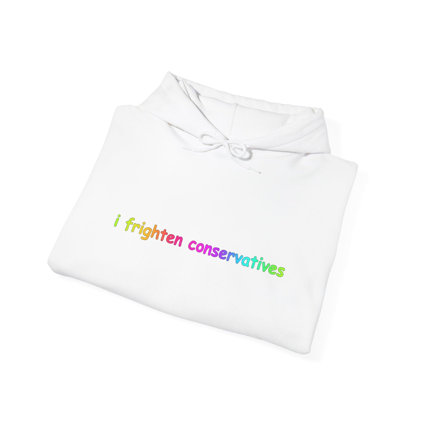 Hoodie — "I Frighten Conservatives" Rainbow Text Pullover