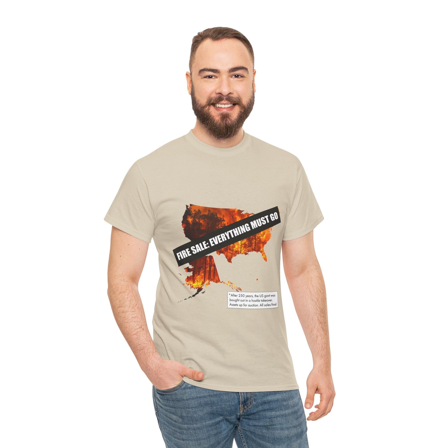 250th anniversary T-Shirt — USA on Fire Graphic Tee with “Fire Sale: Everything Must Go” Text