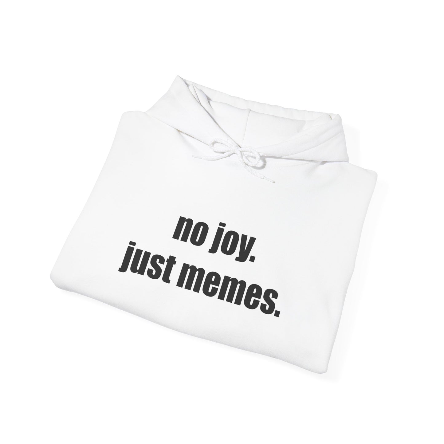 Hoodie — "no joy. just memes." Minimal Meme Text Pullover