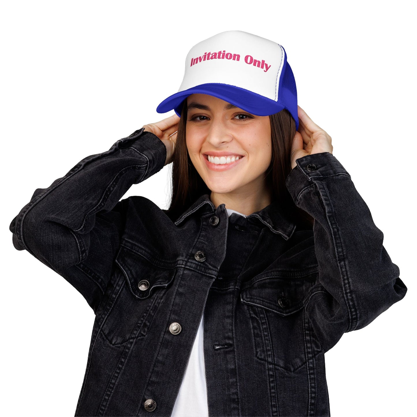 Invitation Only Trucker Hat — Pink Text Foam Cap