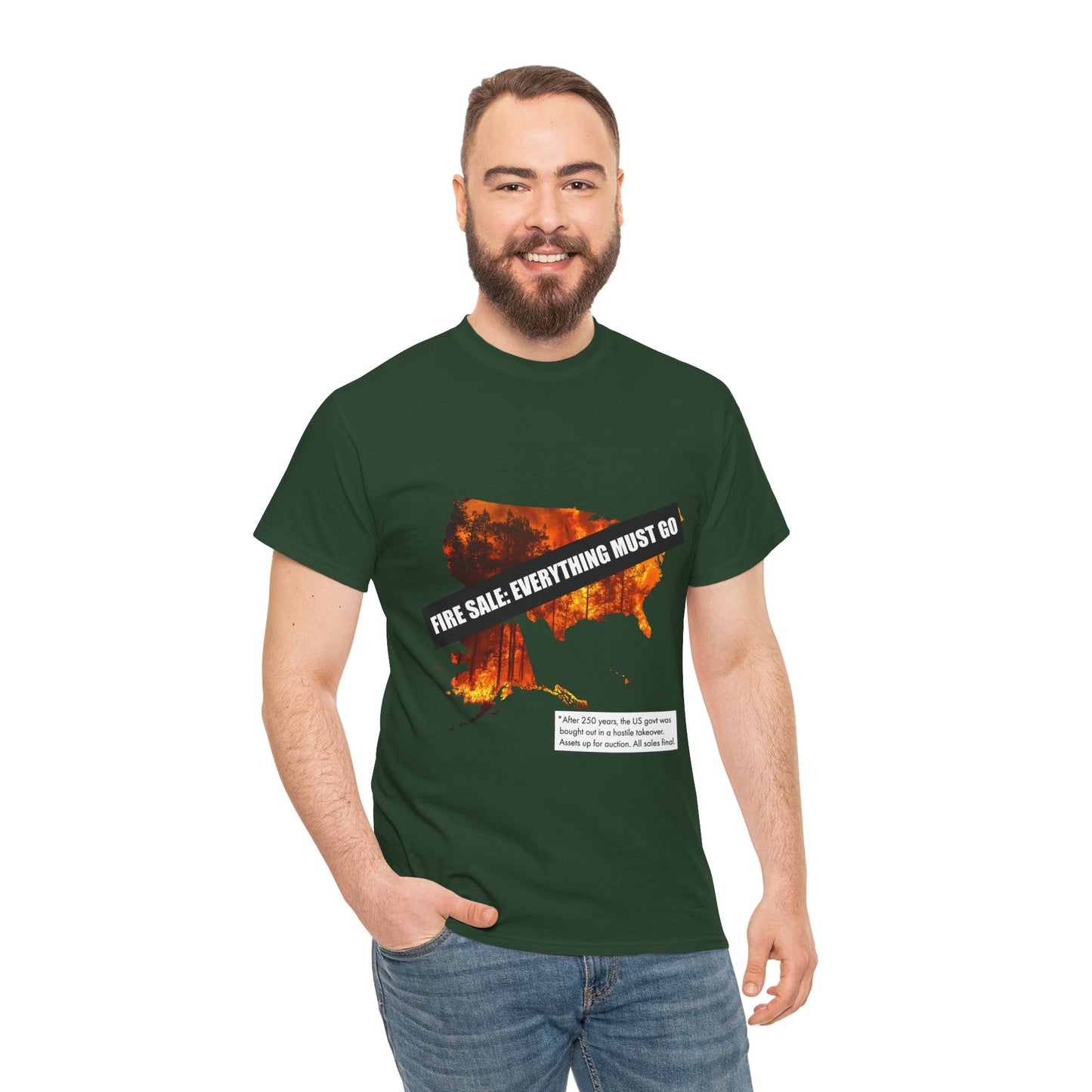 250th anniversary T-Shirt — USA on Fire Graphic Tee with “Fire Sale: Everything Must Go” Text