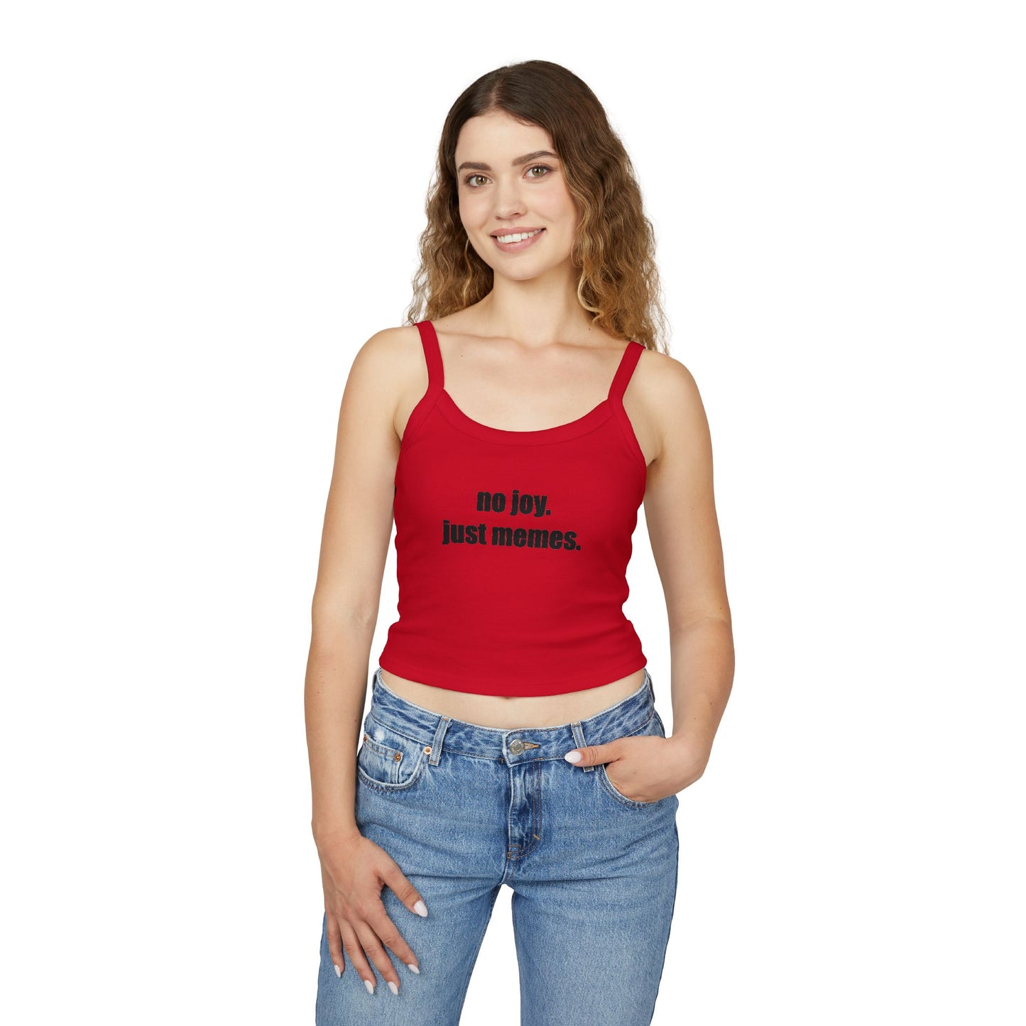 Spaghetti Tank — "no joy. just memes." Graphic Crop Top