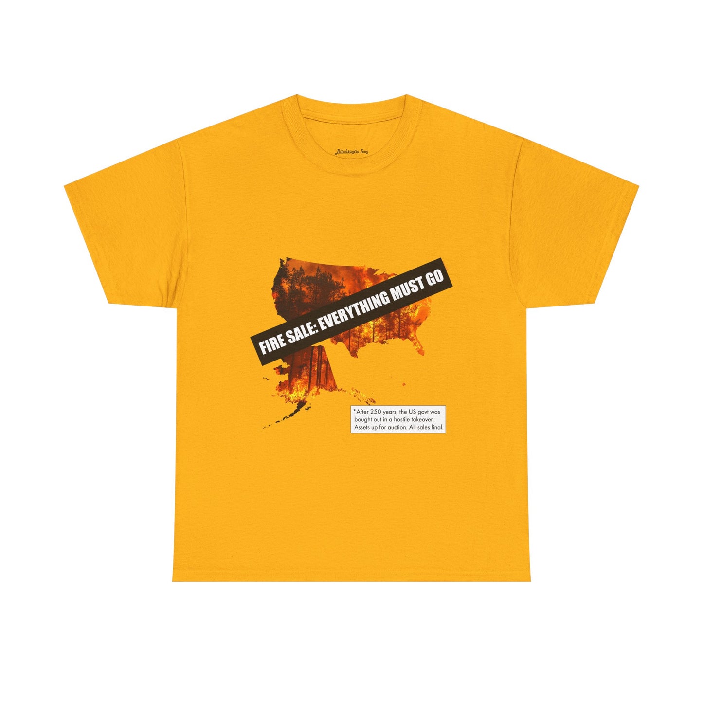 250th anniversary T-Shirt — USA on Fire Graphic Tee with “Fire Sale: Everything Must Go” Text
