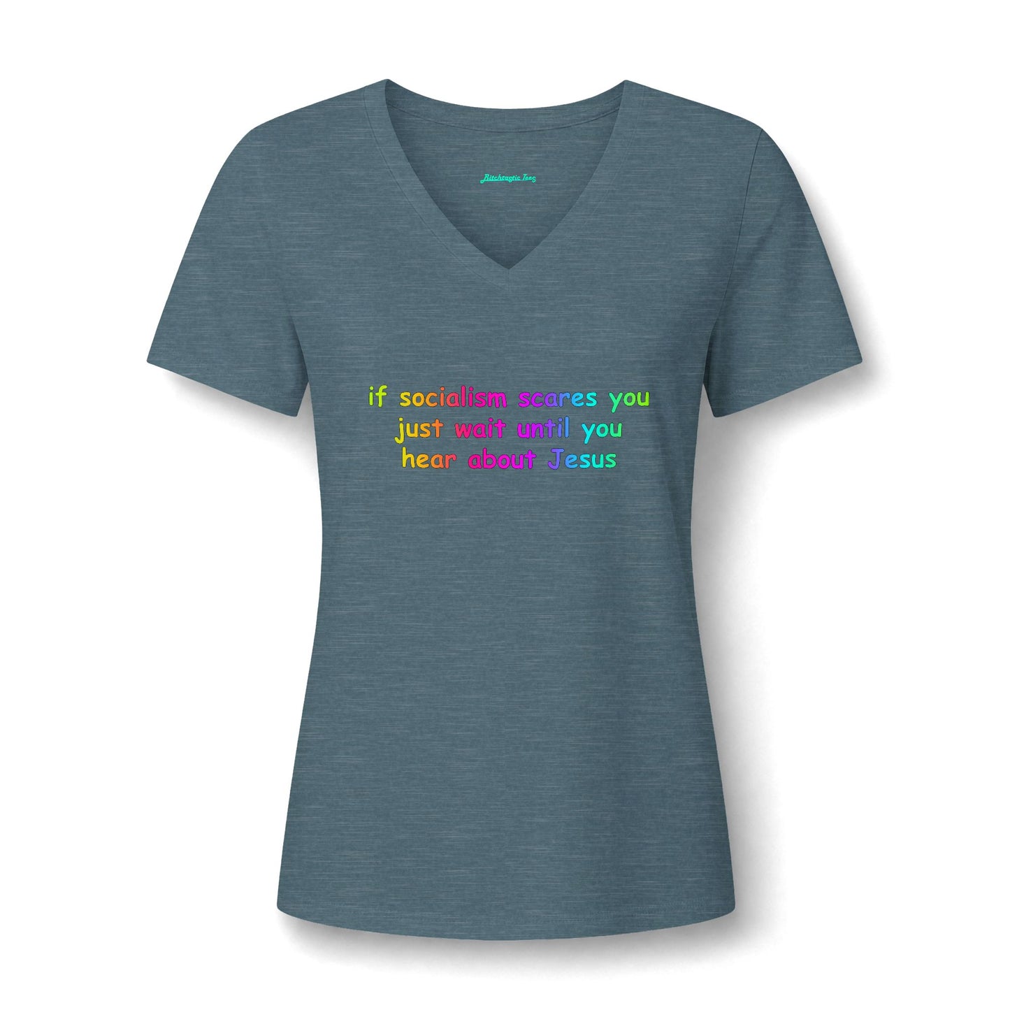 Women's V-Neck Tee — Socialist Jesus Ironic Graphic Shirt