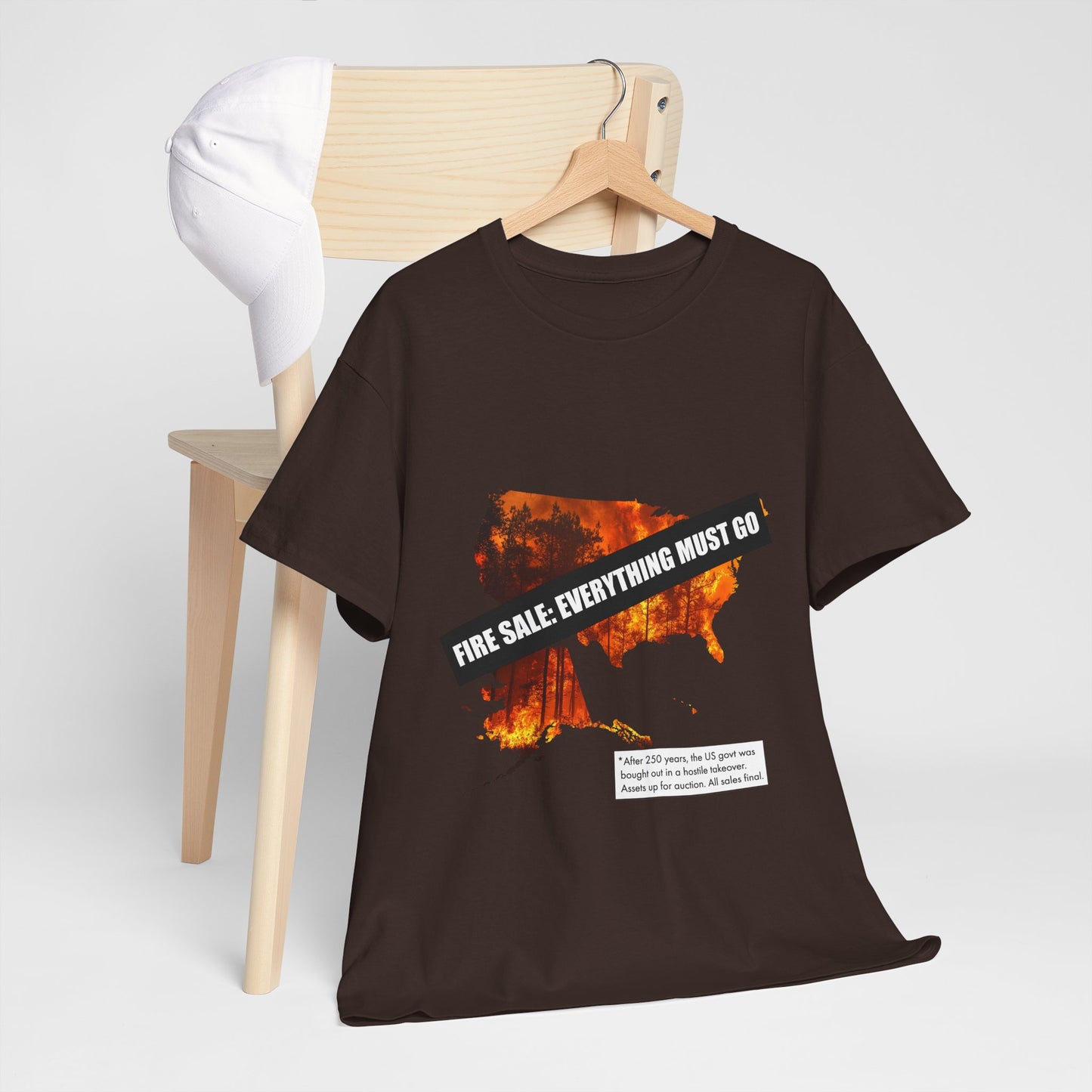 250th anniversary T-Shirt — USA on Fire Graphic Tee with “Fire Sale: Everything Must Go” Text