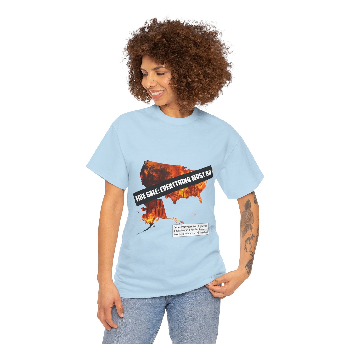 250th anniversary T-Shirt — USA on Fire Graphic Tee with “Fire Sale: Everything Must Go” Text