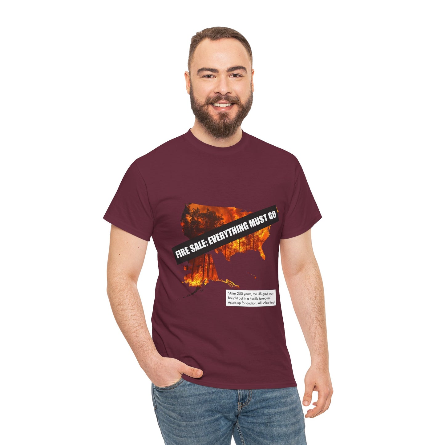 250th anniversary T-Shirt — USA on Fire Graphic Tee with “Fire Sale: Everything Must Go” Text