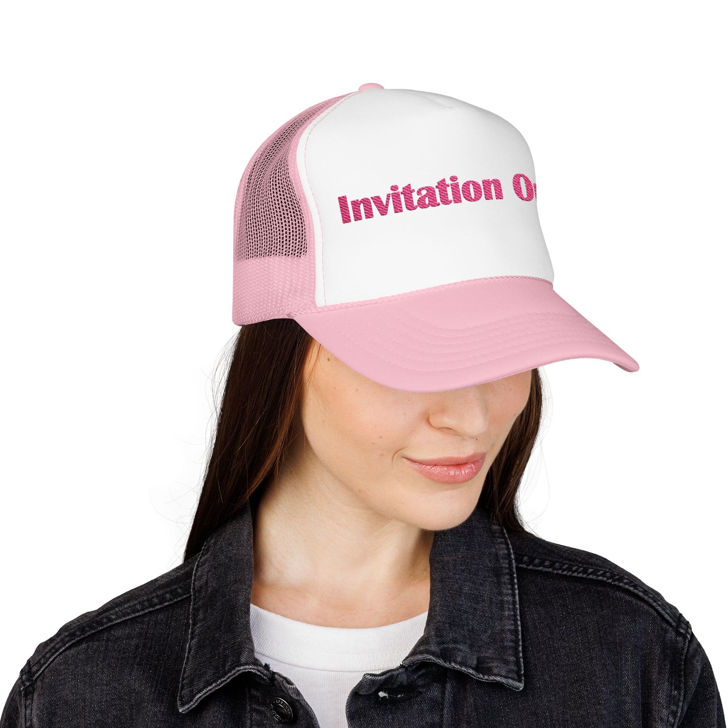 Invitation Only Trucker Hat — Pink Text Foam Cap