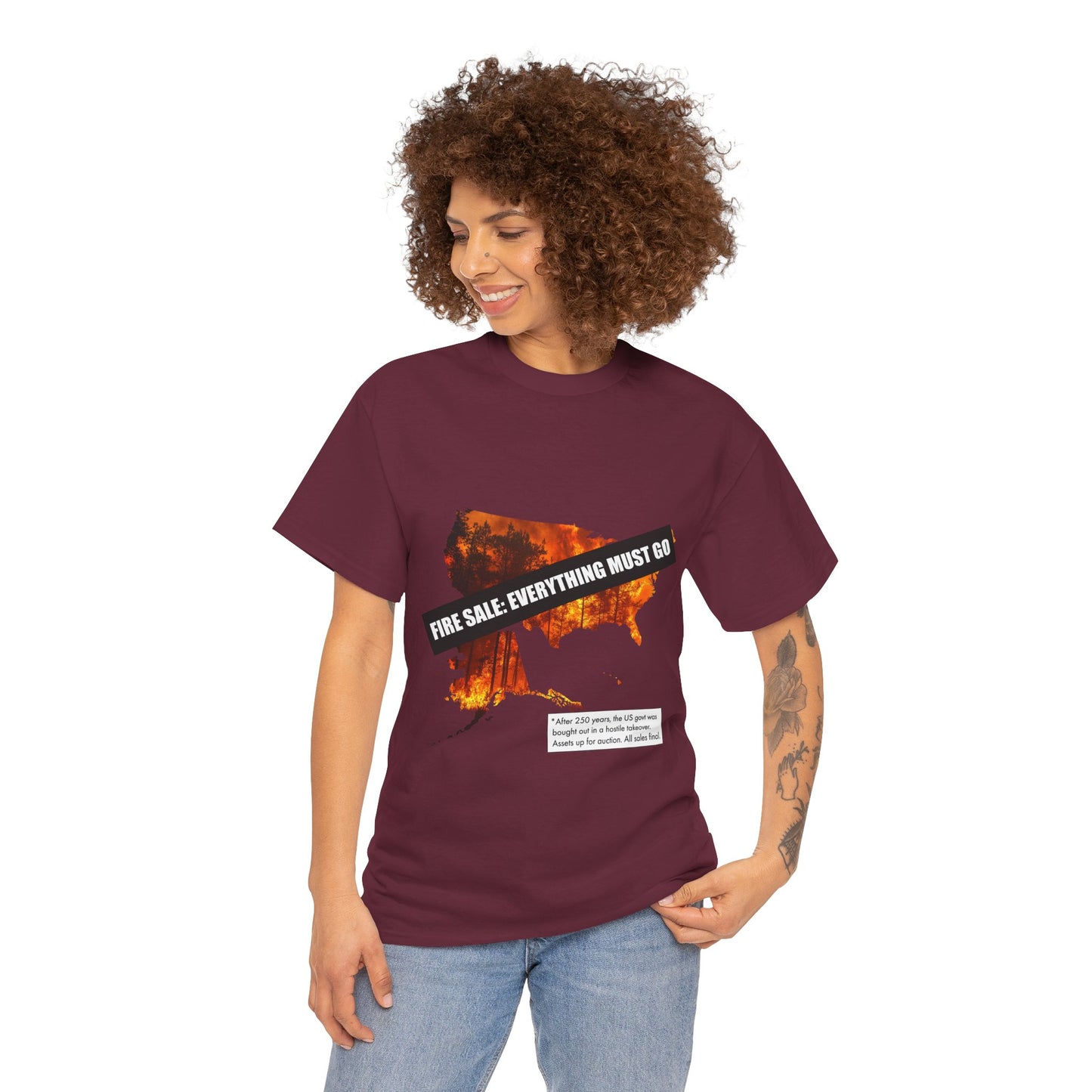 250th anniversary T-Shirt — USA on Fire Graphic Tee with “Fire Sale: Everything Must Go” Text