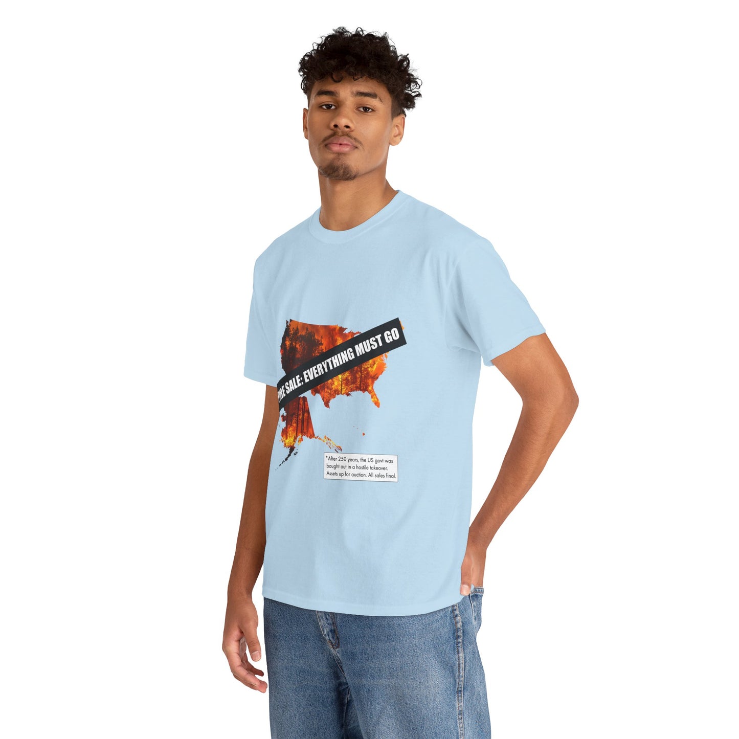 250th anniversary T-Shirt — USA on Fire Graphic Tee with “Fire Sale: Everything Must Go” Text