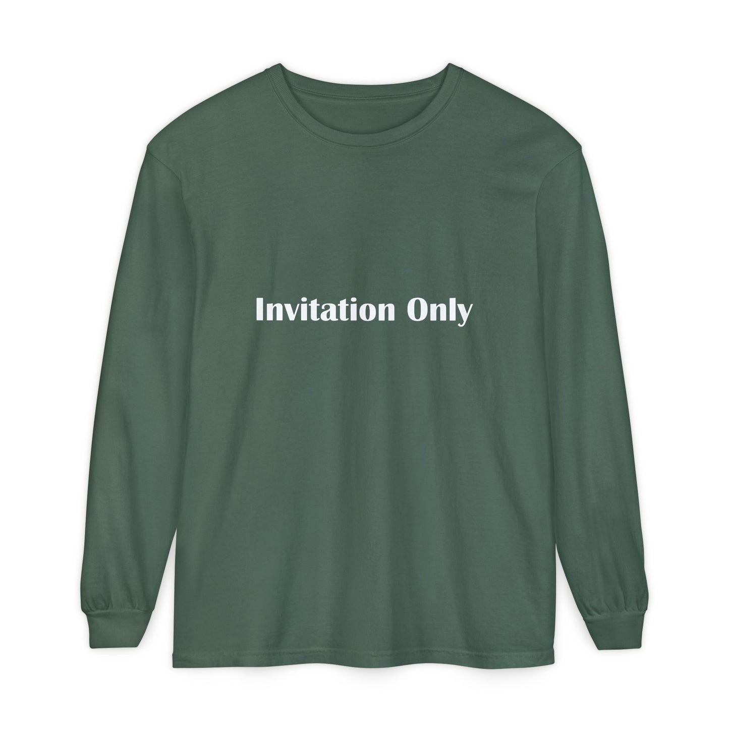 Invitation Only Long Sleeve Tee — Minimal Pink Text Graphic