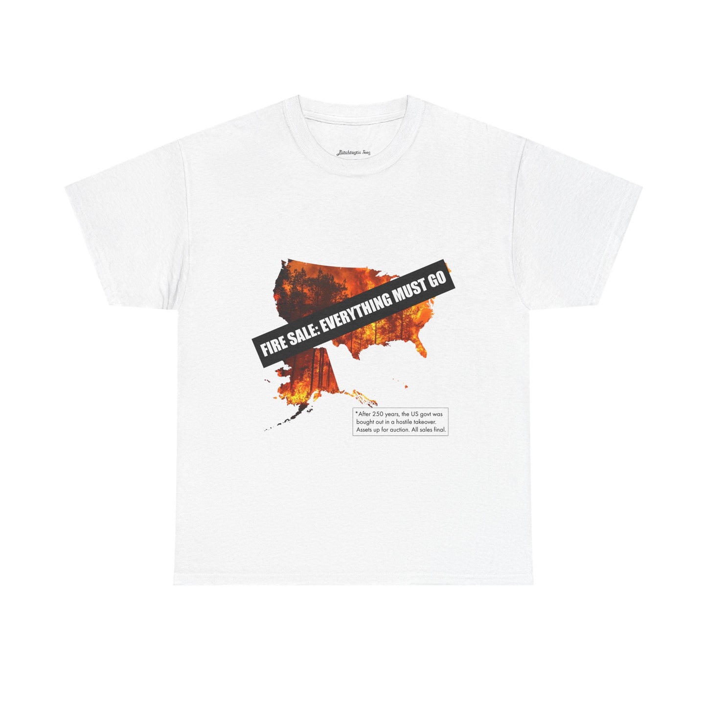 250th anniversary T-Shirt — USA on Fire Graphic Tee with “Fire Sale: Everything Must Go” Text