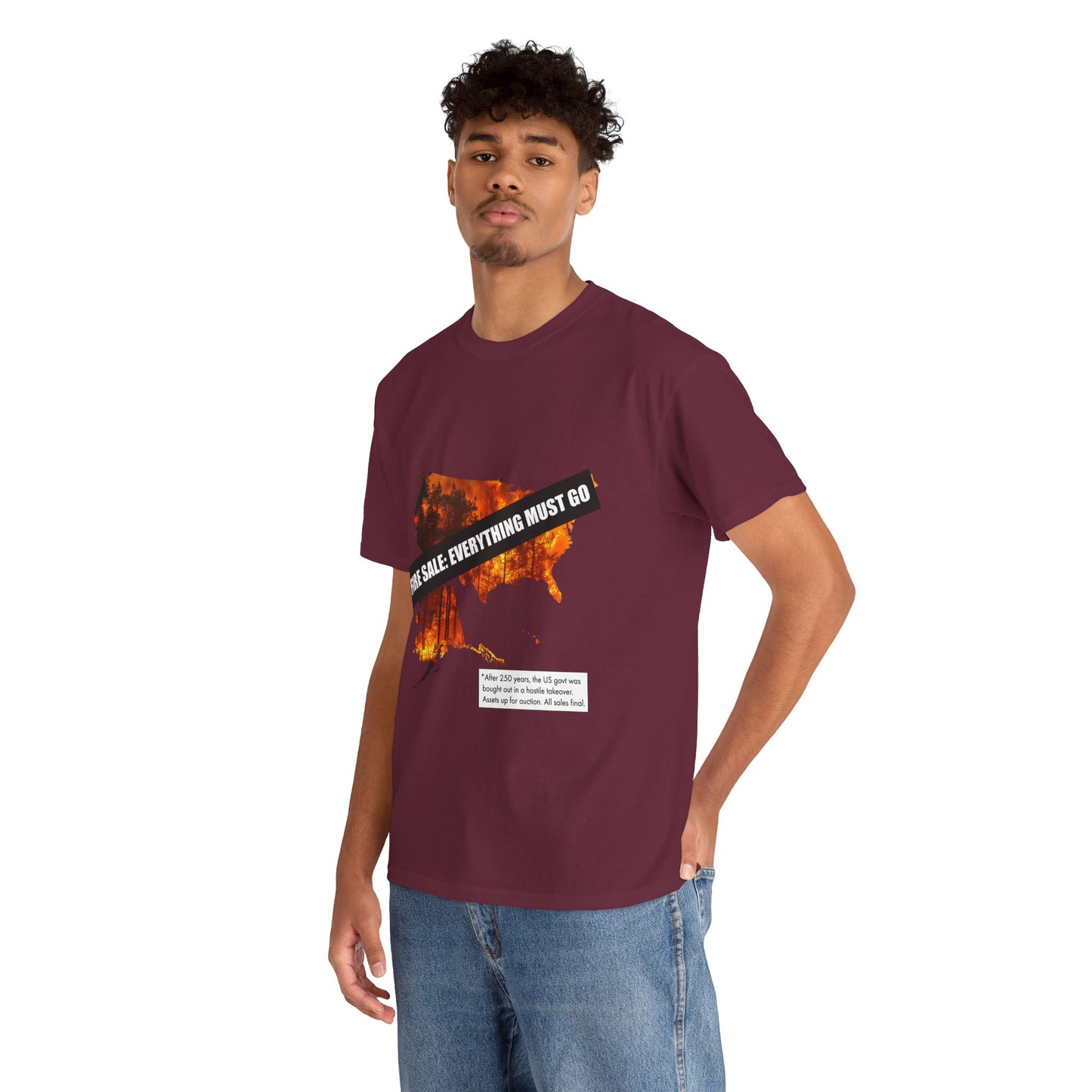 250th anniversary T-Shirt — USA on Fire Graphic Tee with “Fire Sale: Everything Must Go” Text