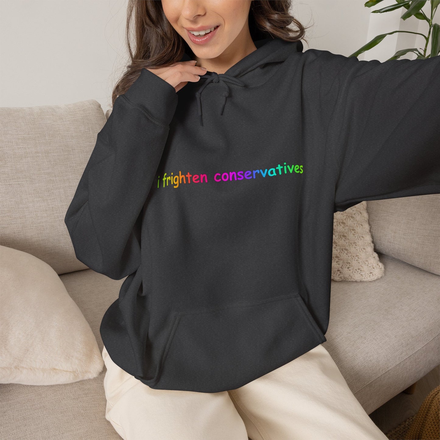 Hoodie — "I Frighten Conservatives" Rainbow Text Pullover